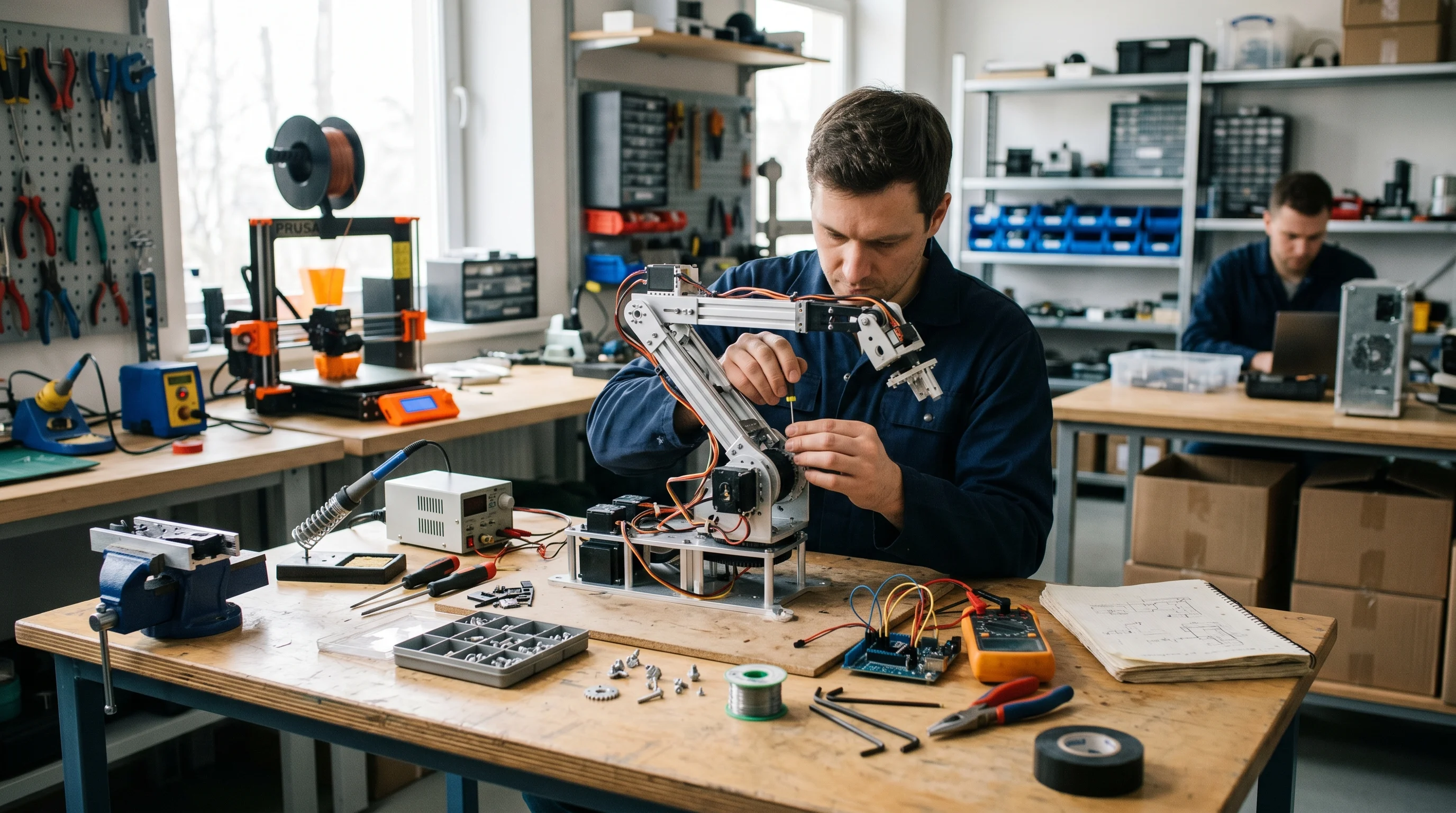 Digital illustration for article section "Cornell to Meta to Y Combinator" in "YC-Backed Twolabs Unveils Semi-Humanoid Robot for Elder Care Crisis" - Depict a small robotics lab, filled with various stages of robotic parts and equipment. The focus of...