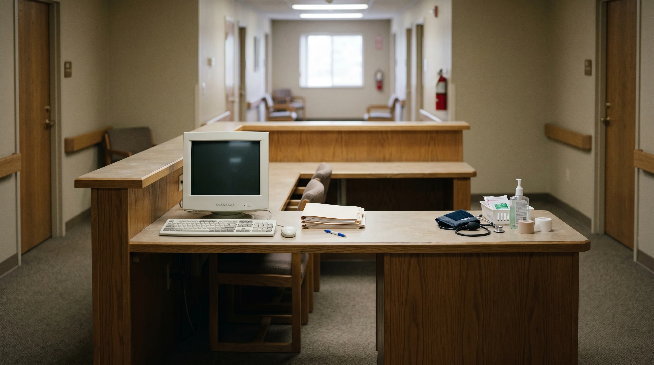 Digital illustration for article section "Why the Timing Matters" in "YC-Backed Twolabs Unveils Semi-Humanoid Robot for Elder Care Crisis" - Show an empty nurse's station in a nursing home. The station should have a computer, a few files, an...