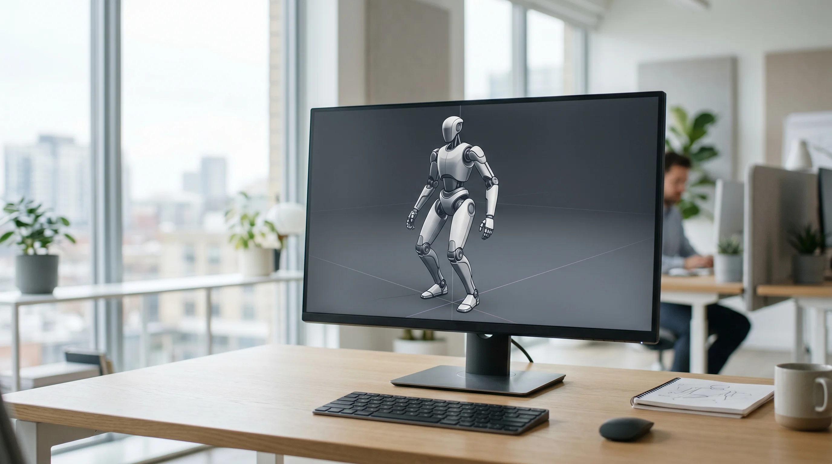 Digital illustration for article section "What Twolabs Isn't Saying Yet" in "YC-Backed Twolabs Unveils Semi-Humanoid Robot for Elder Care Crisis" - Illustrate a 3D model or prototype of a robot on a computer screen in a well-lit modern office envir...