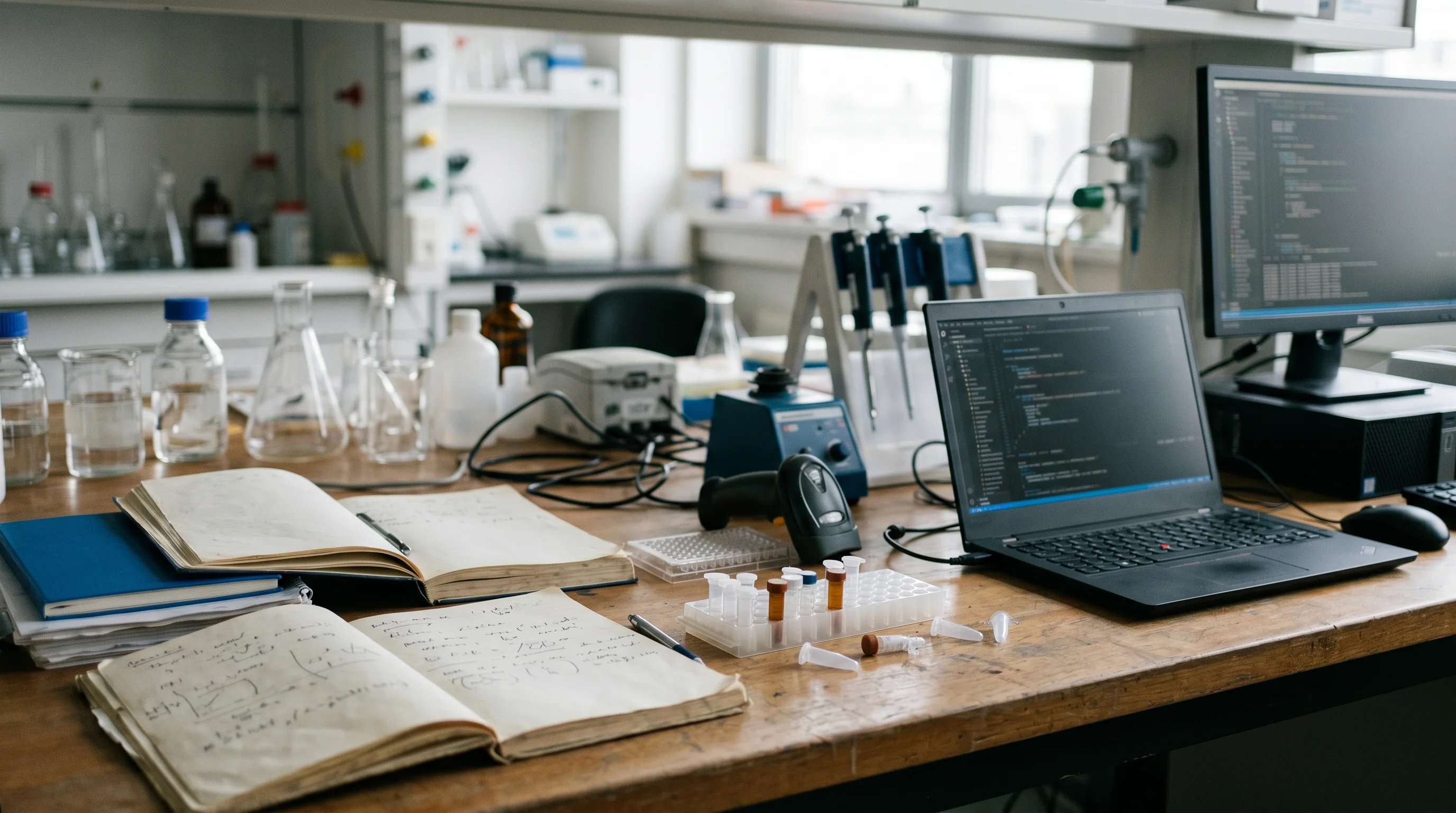 Digital illustration for article section "What Cypher Actually Does" in "Cypher AI Raises $2M to Let Scientists Build Lab Software with AI" - Create a realistic image of a research lab with scattered lab notebooks, sample tracking tools, and ...