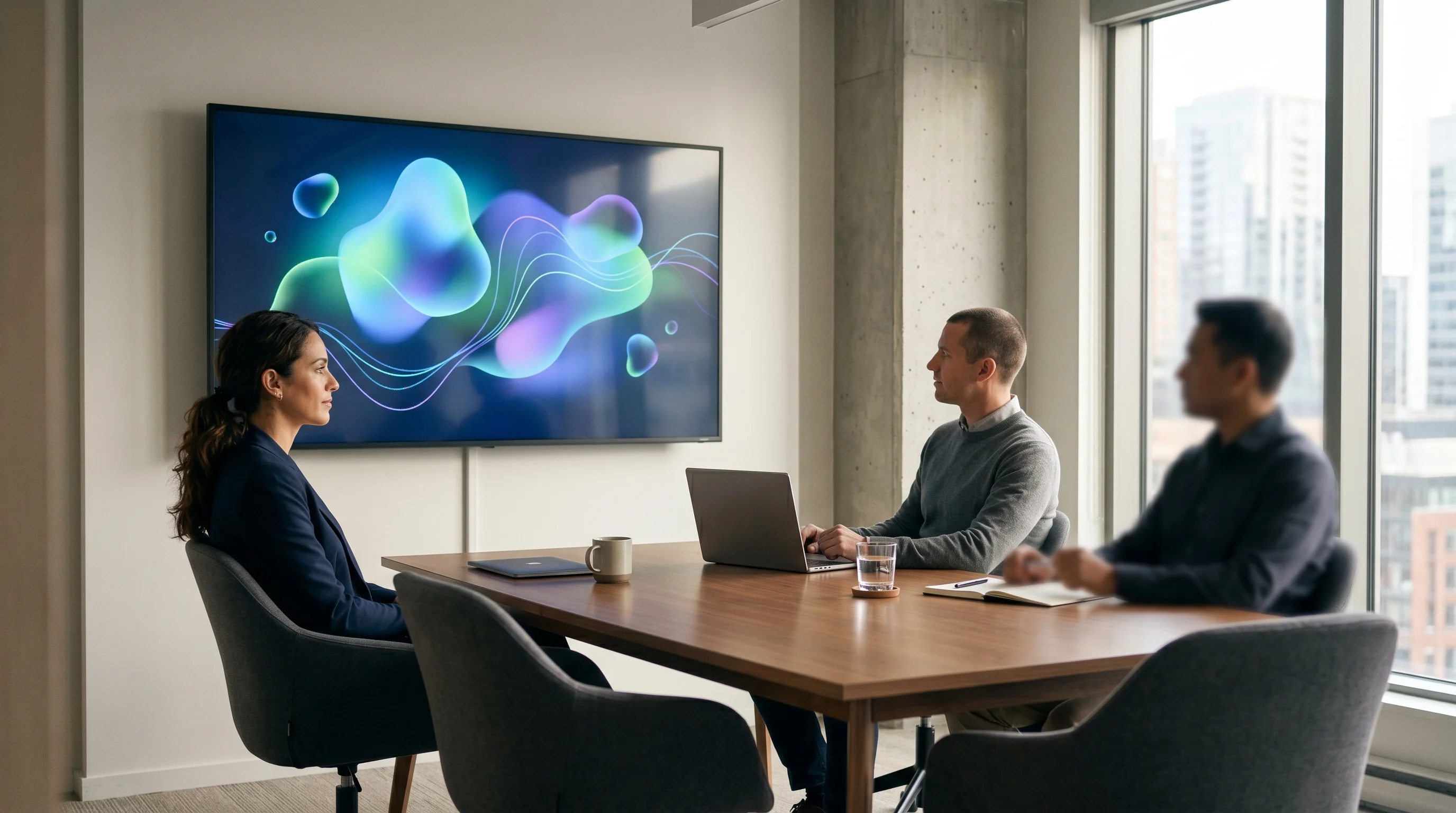 Digital illustration for article section "Early Traction, Familiar Challenges" in "Cypher AI Raises $2M to Let Scientists Build Lab Software with AI" - Generate a realistic image of a professional meeting room with a large screen displaying an abstract...