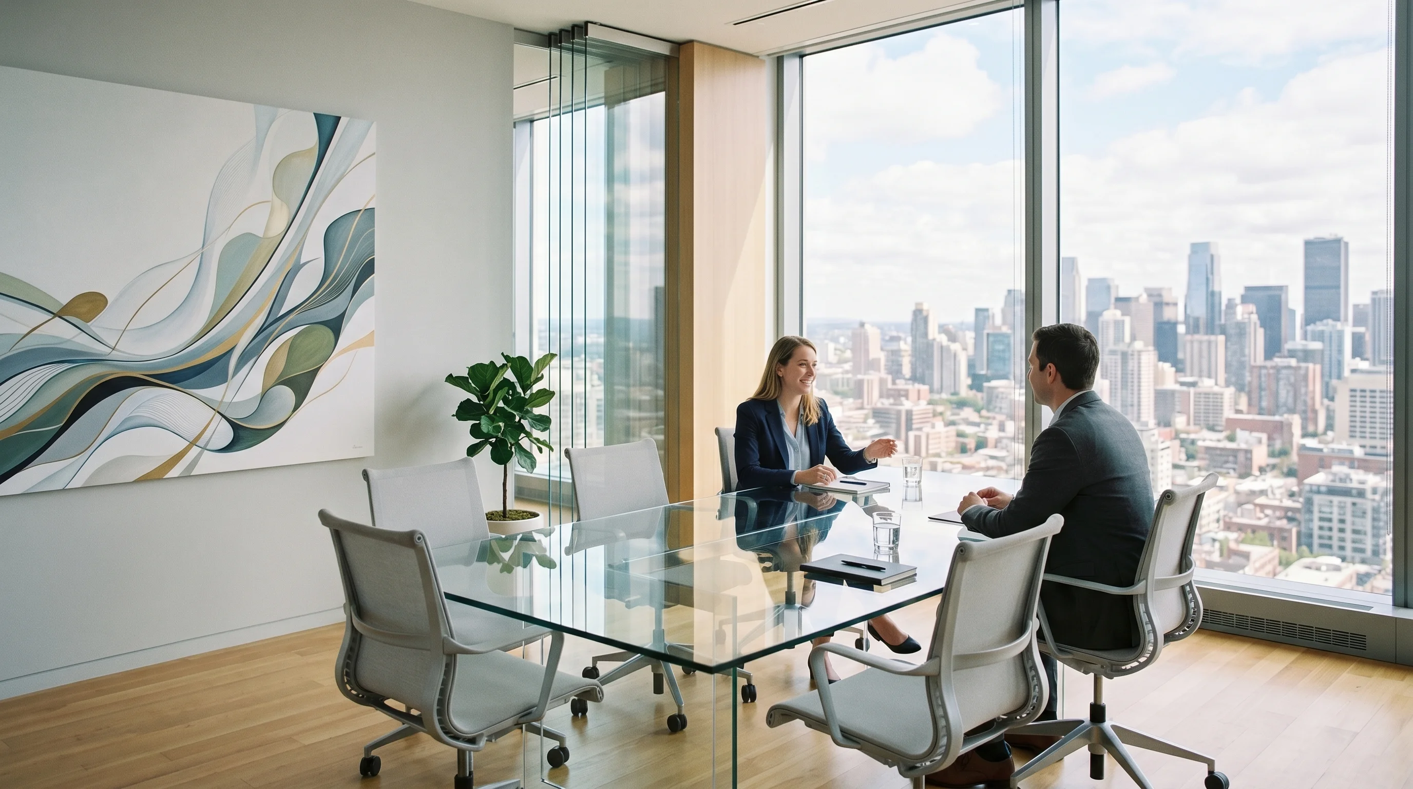 Digital illustration for article section "Content Section 3" in "LightTable Scores $22M Series A for Construction AI Platform" - Generate an image of a modern, professional office space with abstract elements that represent busin...