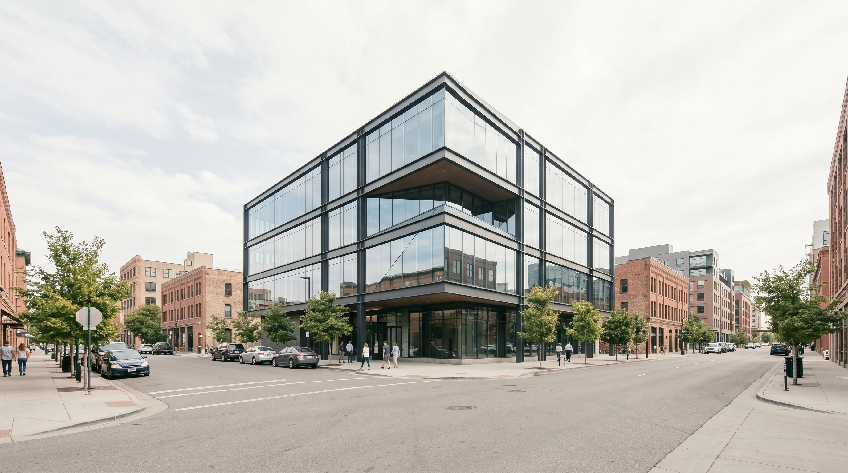 Digital illustration for article section "Content Section 5" in "LightTable Scores $22M Series A for Construction AI Platform" - Generate an image of a modern, architecturally interesting building on Wazee Street in Denver. The b...