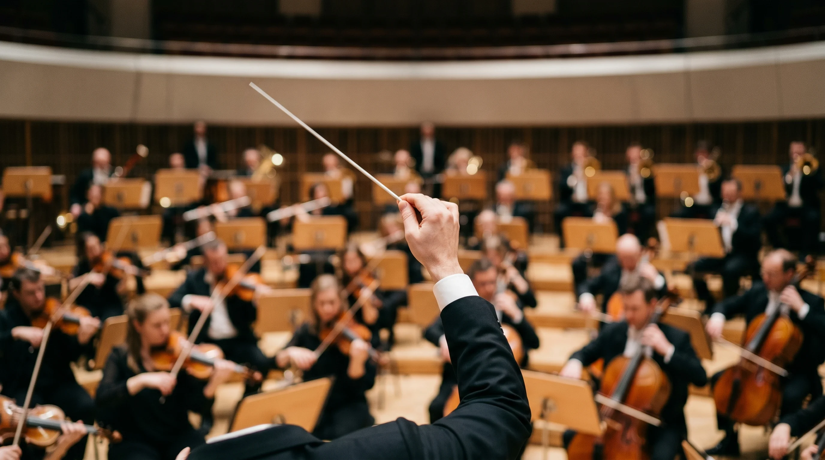 Digital illustration for article section "The Orchestration Play" in "Olyzon Raises $10M Series A for AI-Native CTV Ad Platform" - Generate an image of a conductor's baton leading a symphony orchestra, as a metaphor for orchestrati...