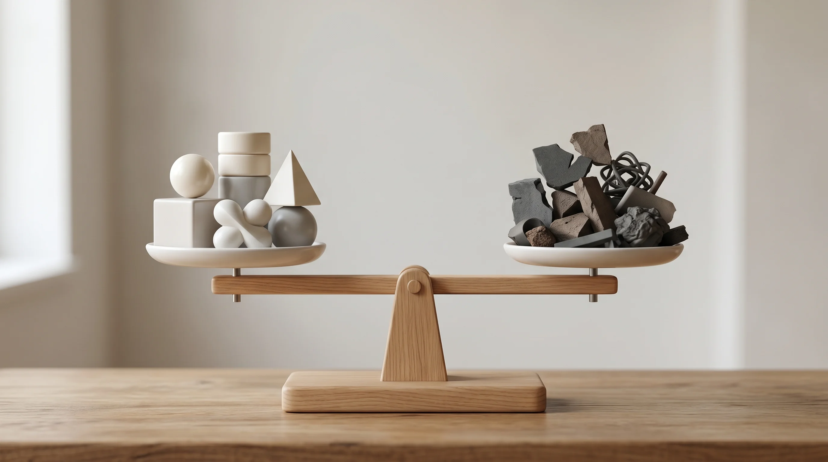Digital illustration for article section "The Quantified Waste Promise" in "Autostep Launches AI Platform to Discover Automation Opportunities" - Depict a concept image showing a balance scale with abstract shapes on each side, representing the b...