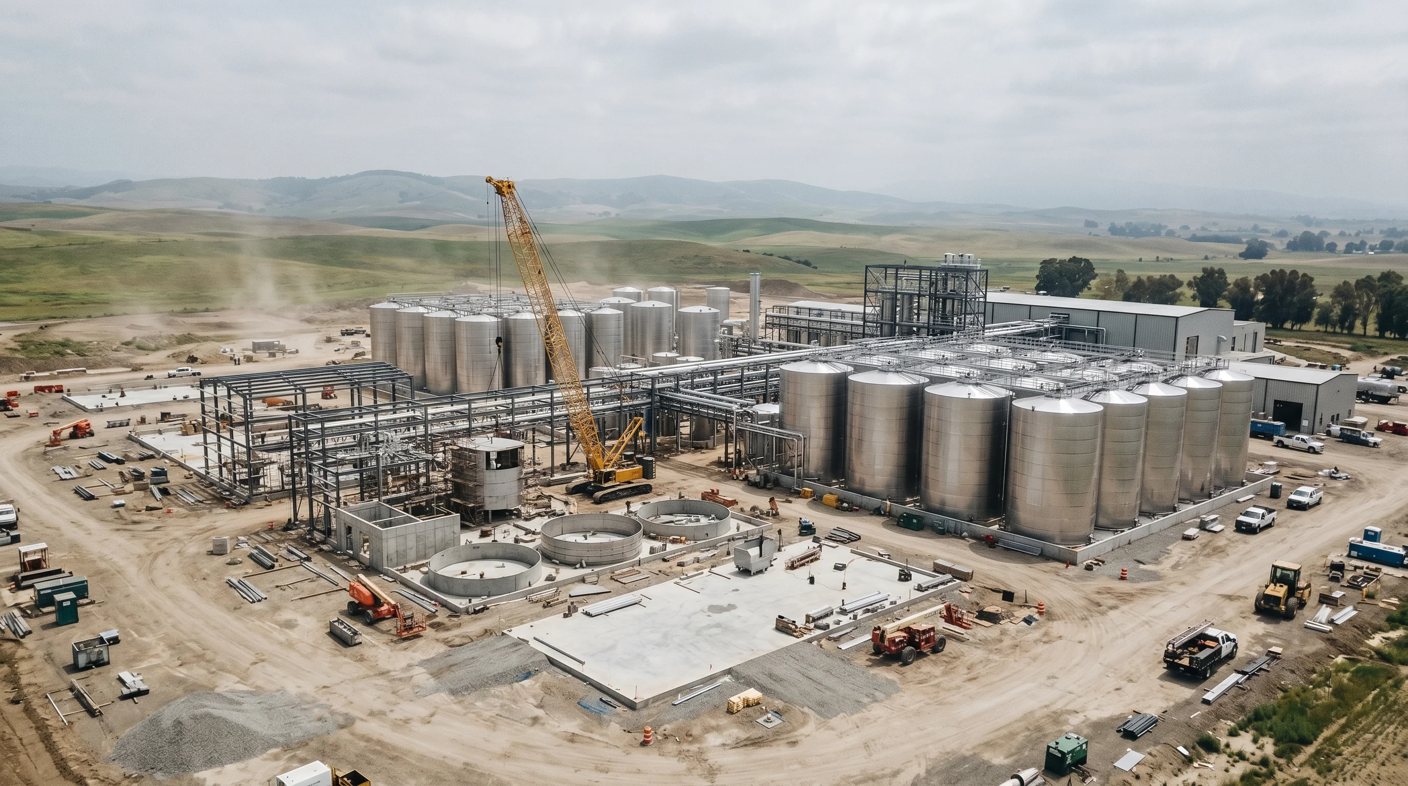 Digital illustration for article section "Scaling Up, Indian Style" in "StrainX Bioworks Raises $13M to Scale India Biotech Manufacturing" - Generate a realistic image of a large, industrial facility with multiple, large stainless steel tank...