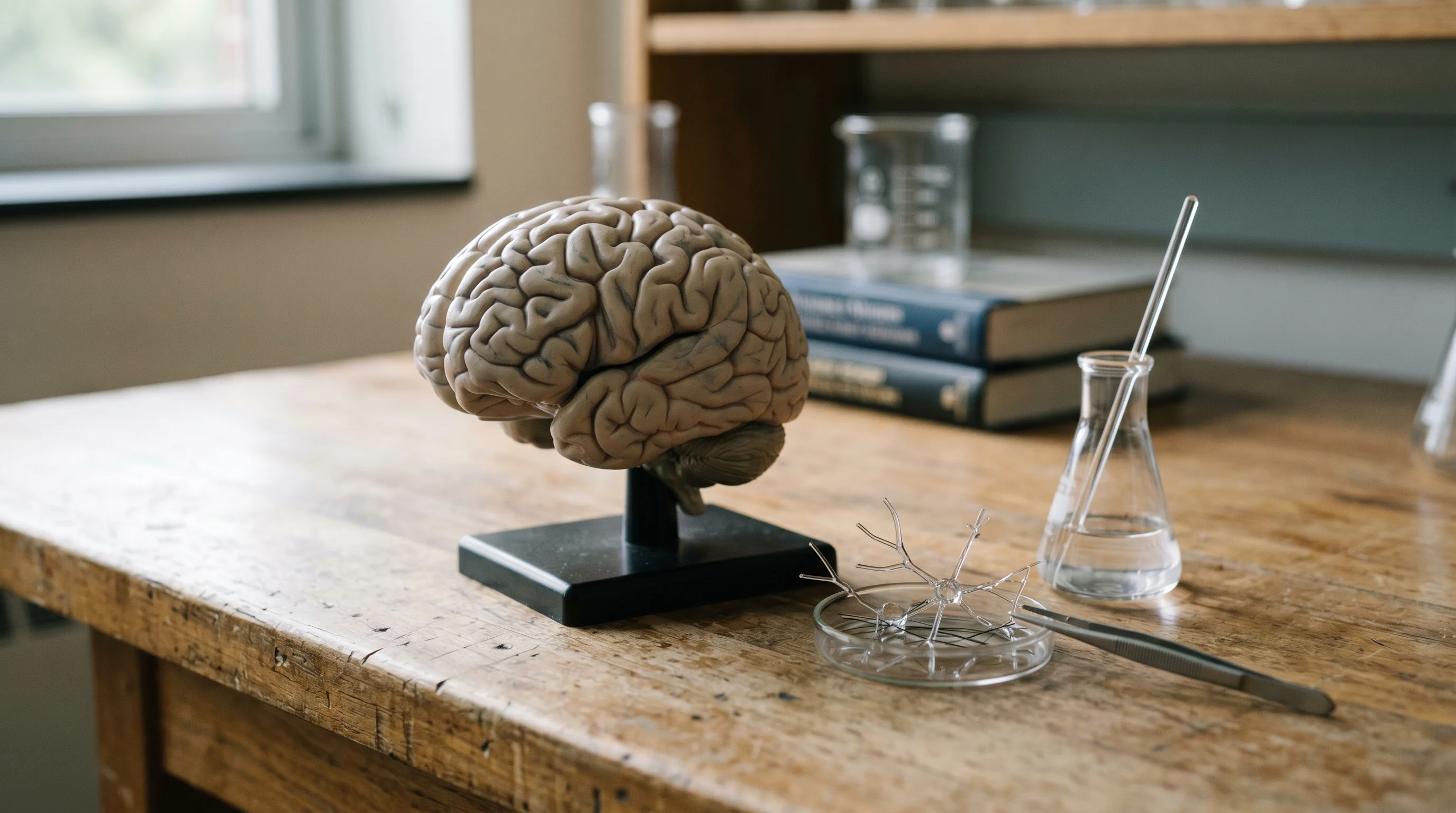 Digital illustration for article section "The Science (and the Business Case)" in "Psilera Raises $8.8M to Advance Non-Hallucinogenic Brain Drug" - Create a realistic image of a brain model on a lab table, surrounded by lab equipment. The image sho...
