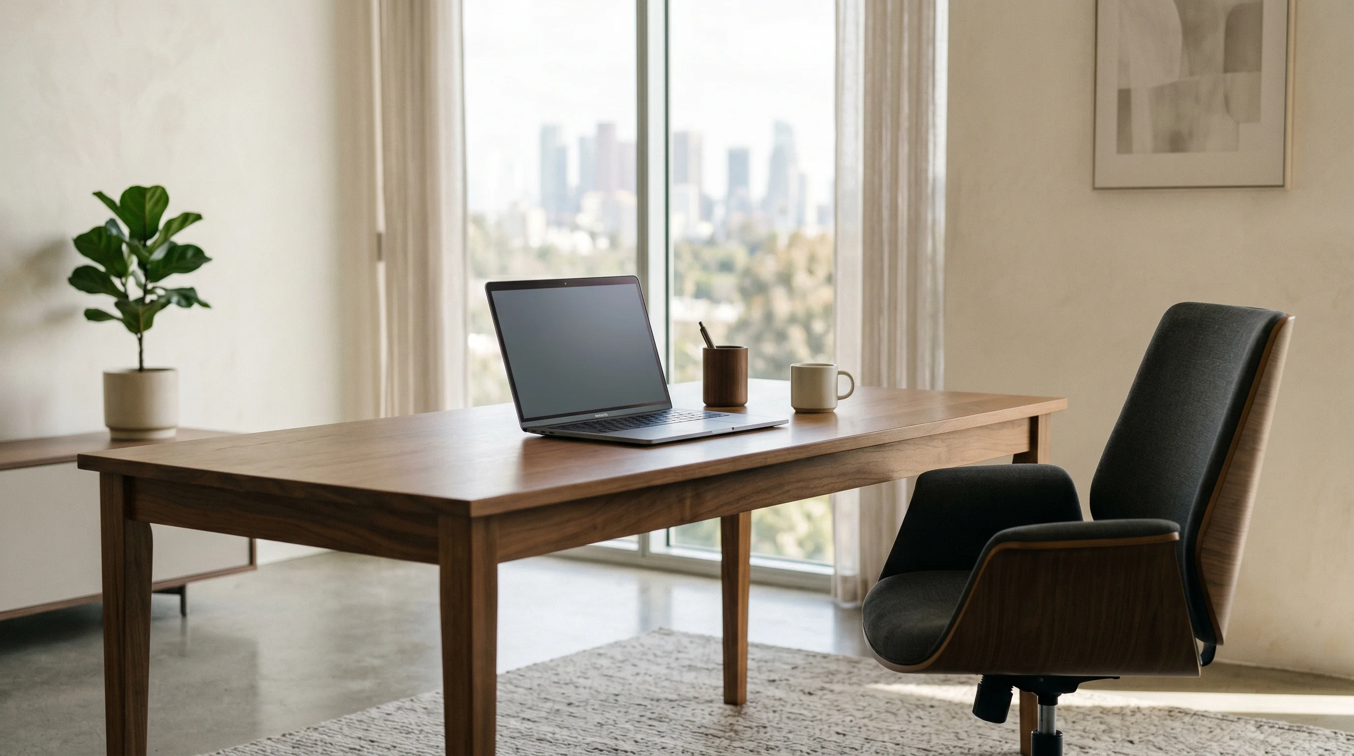Digital illustration for article section "A Busy Year, and a Delayed Timeline" in "Psilera Raises $8.8M to Advance Non-Hallucinogenic Brain Drug" - Create a realistic image of an empty office with a desk, a chair, and a laptop open to a blank scree...