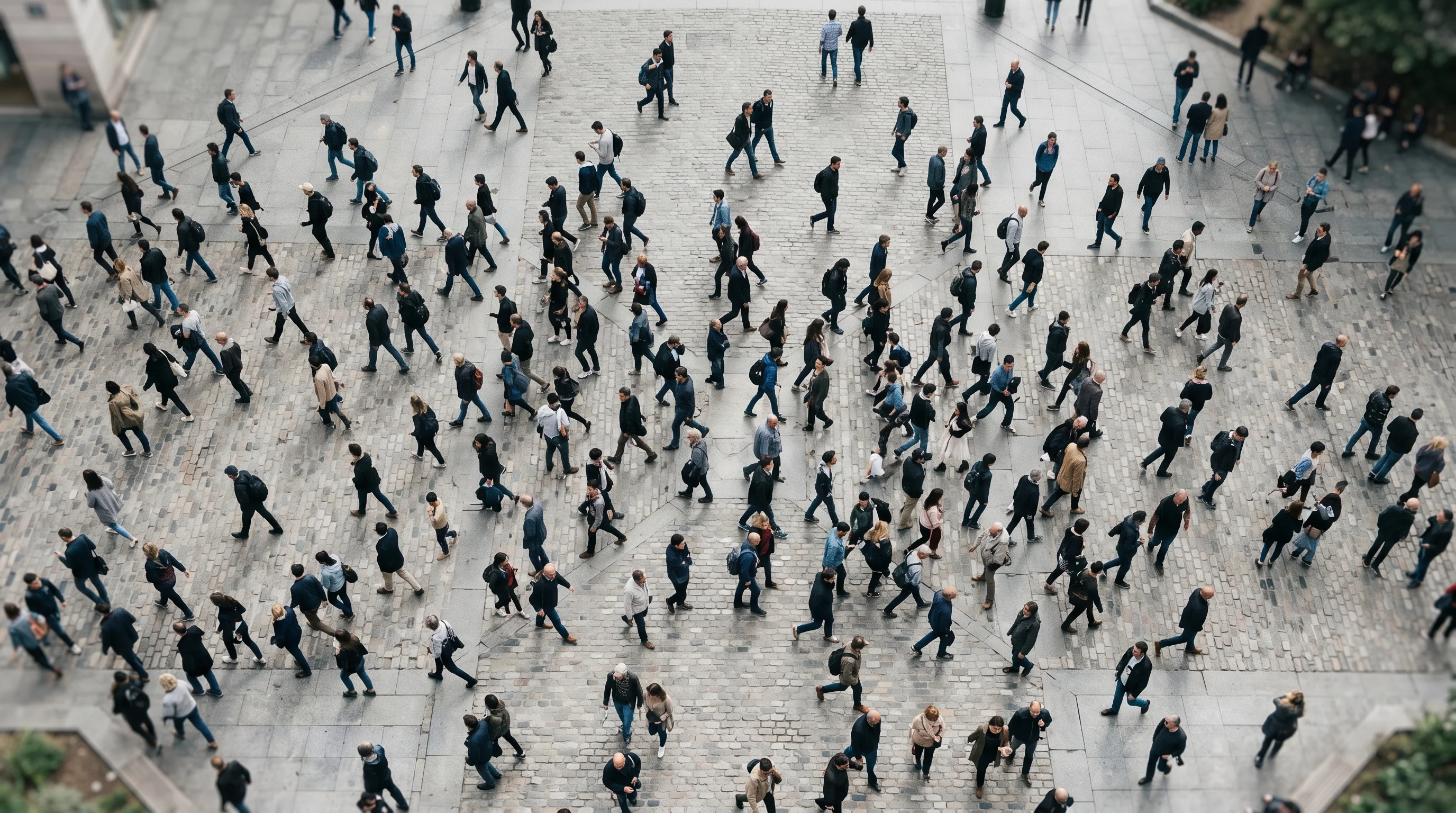 Digital illustration for article section "A Crowded, Uncertain Field" in "Psilera Raises $8.8M to Advance Non-Hallucinogenic Brain Drug" - Generate a realistic image of a crowd of people seen from above, walking in different directions. Th...