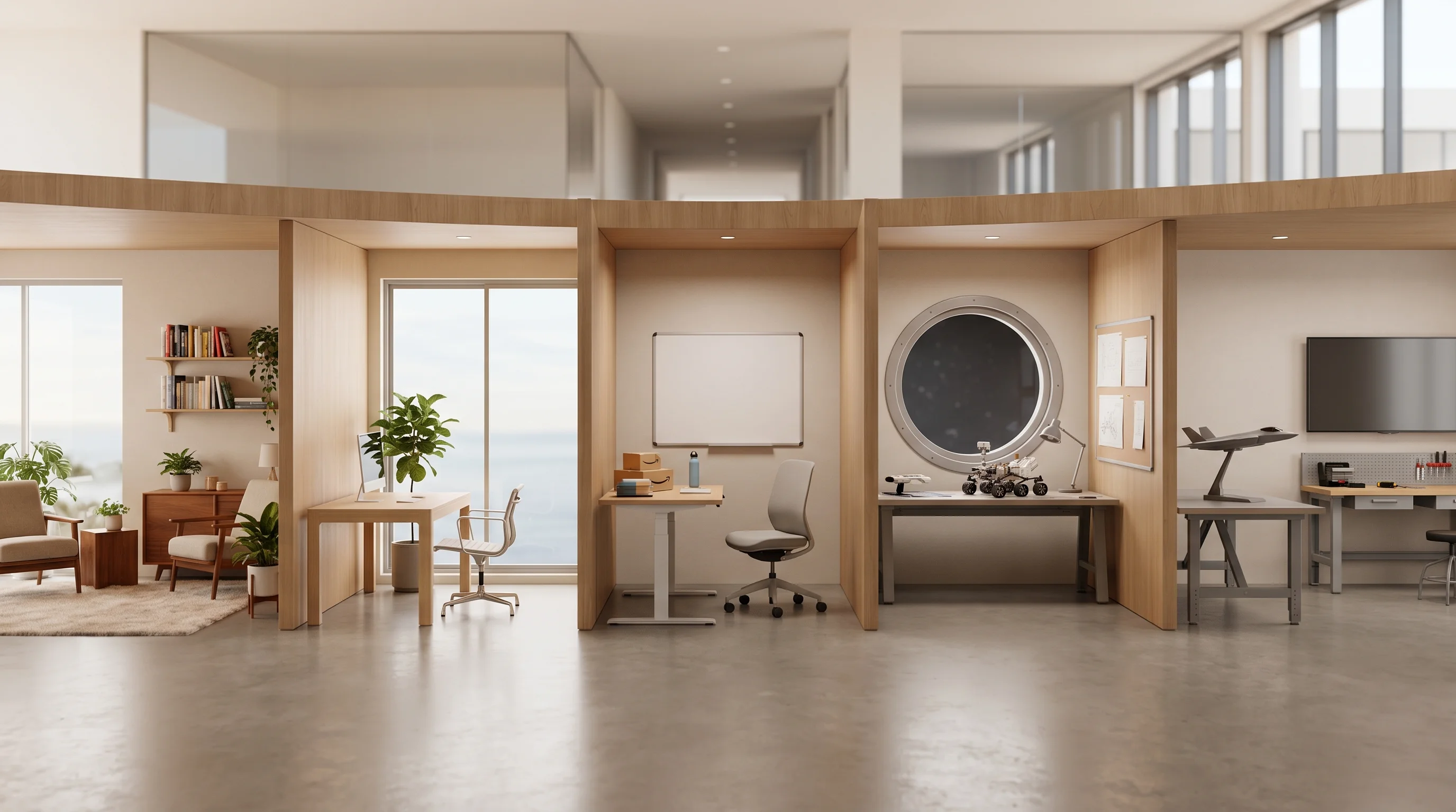 Digital illustration for article section "The Founders" in "YC-Backed Rudus Launches AI Takeoff Tool for Concrete Contractors" - Generate an image of diverse office spaces representing Airbnb, Apple, Amazon, NASA's Jet Propulsion...