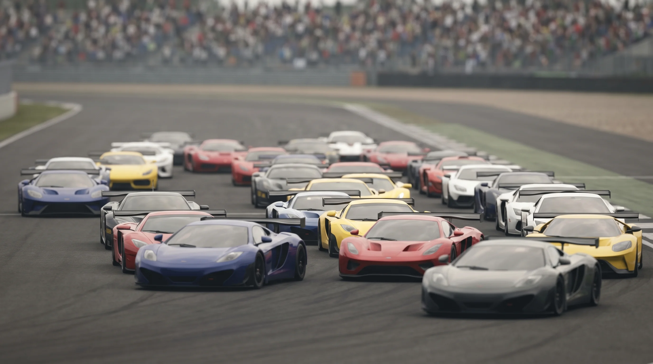 Digital illustration for article section "A Market Suddenly Crowded" in "YC-Backed Rudus Launches AI Takeoff Tool for Concrete Contractors" - Generate an image of a crowded racetrack with various modern, sleek race cars to represent the compe...
