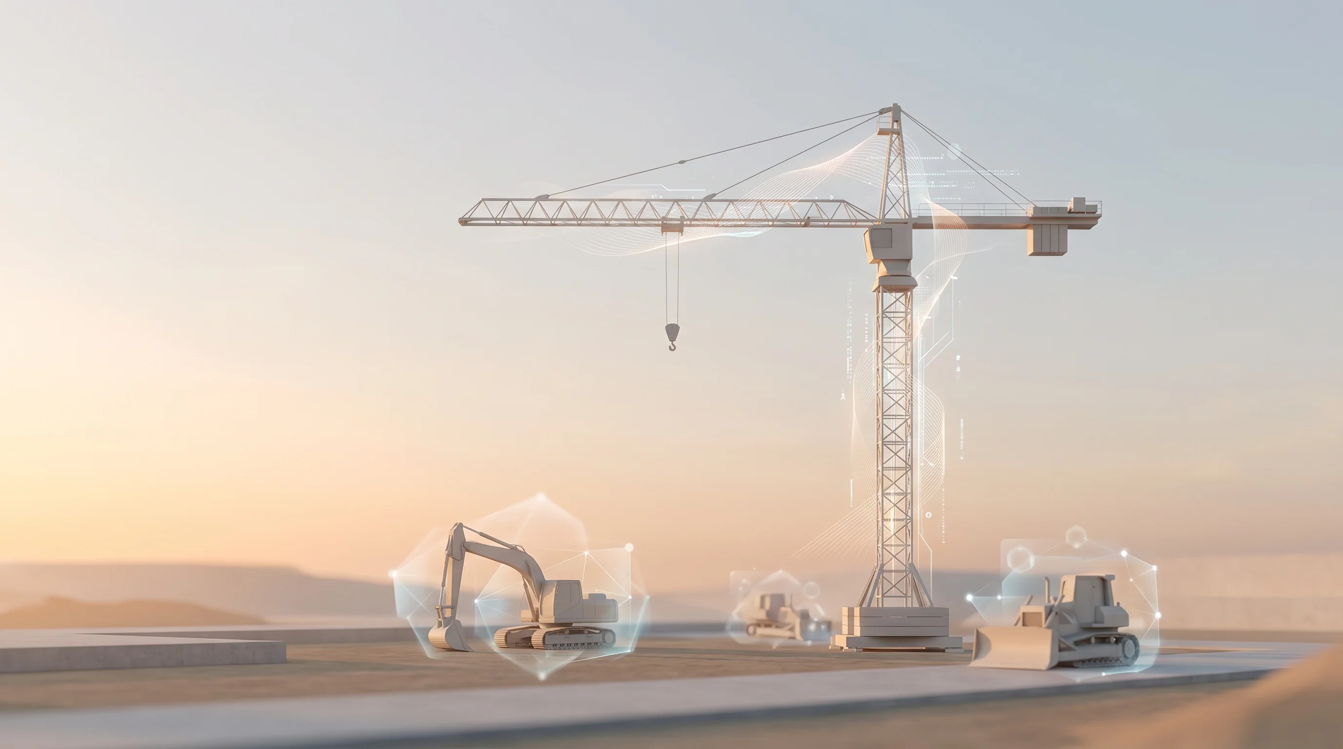 Digital illustration for article section "An Industry Ready, Maybe" in "YC-Backed Rudus Launches AI Takeoff Tool for Concrete Contractors" - Generate an image of a construction site with cranes and other machinery, subtly infused with abstra...