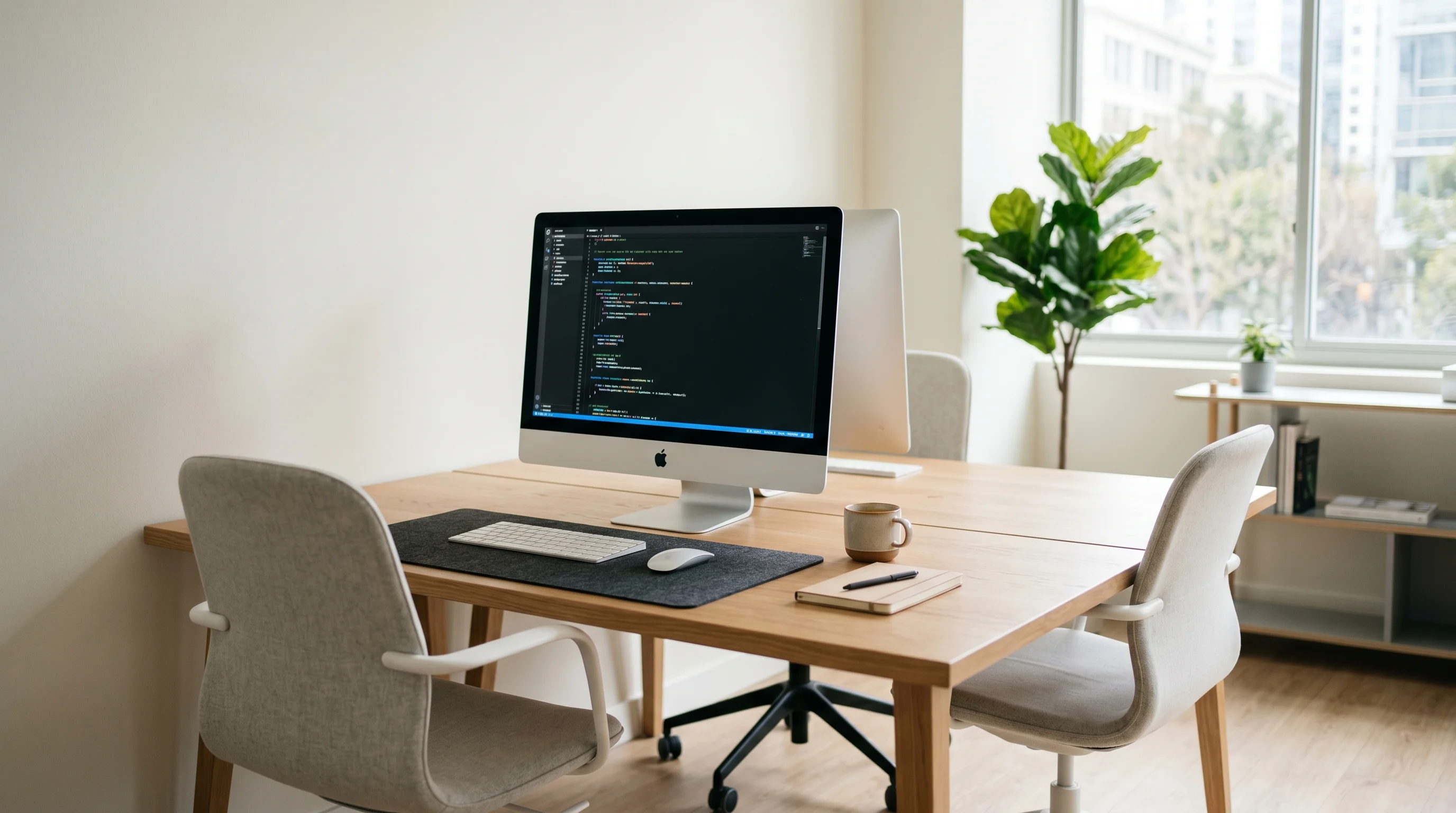 Digital illustration for article section "The Founders" in "YC-Backed Astraea Launches AI to Automate Clinical Trial Data" - Show a minimalist and modern workspace with two empty chairs and a computer screen displaying code. ...