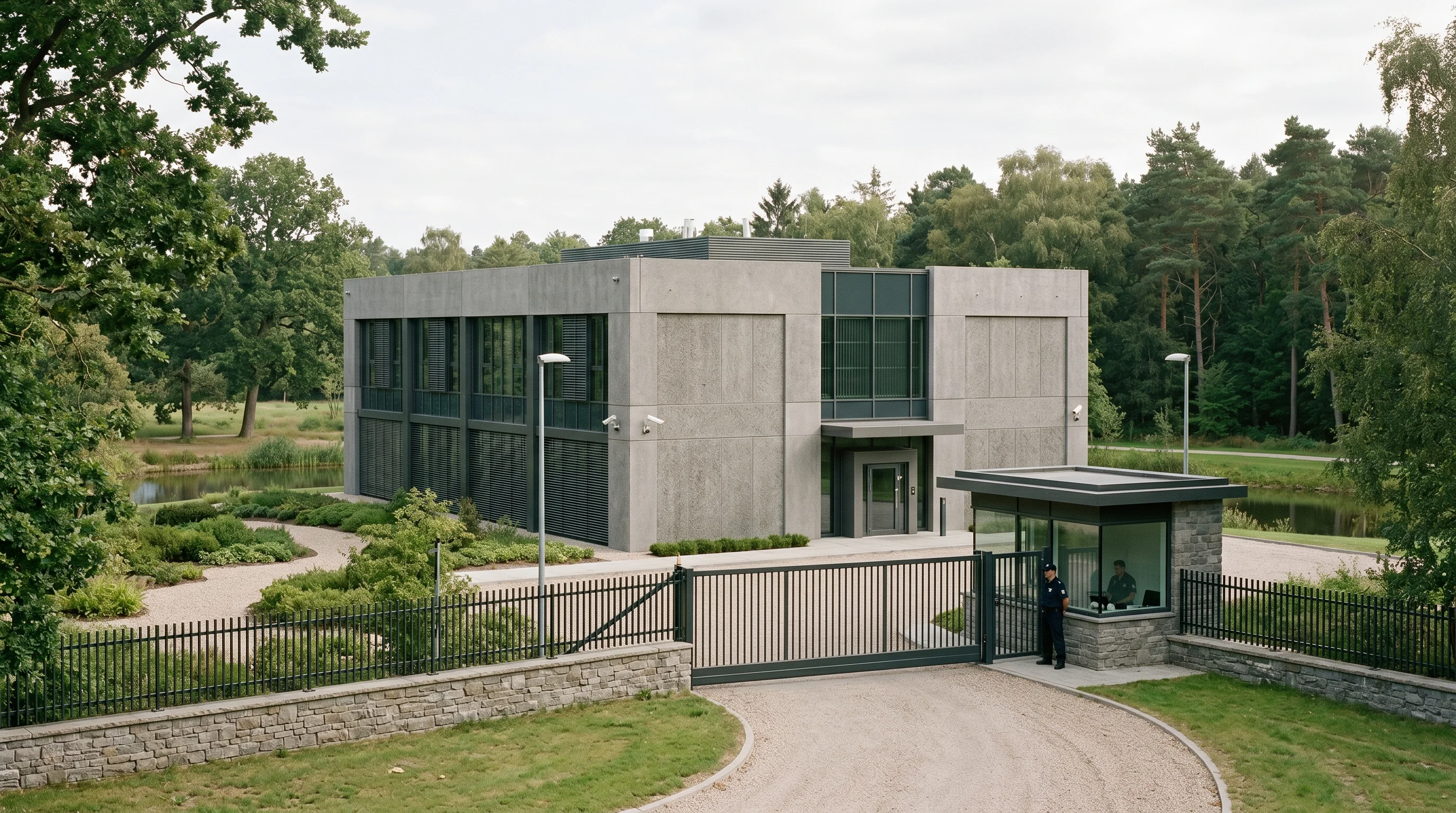 Digital illustration for article section "The Risk Ahead" in "YC-Backed Astraea Launches AI to Automate Clinical Trial Data" - Depict a secure, guarded corporate building in a serene environment, symbolizing the stringent compl...