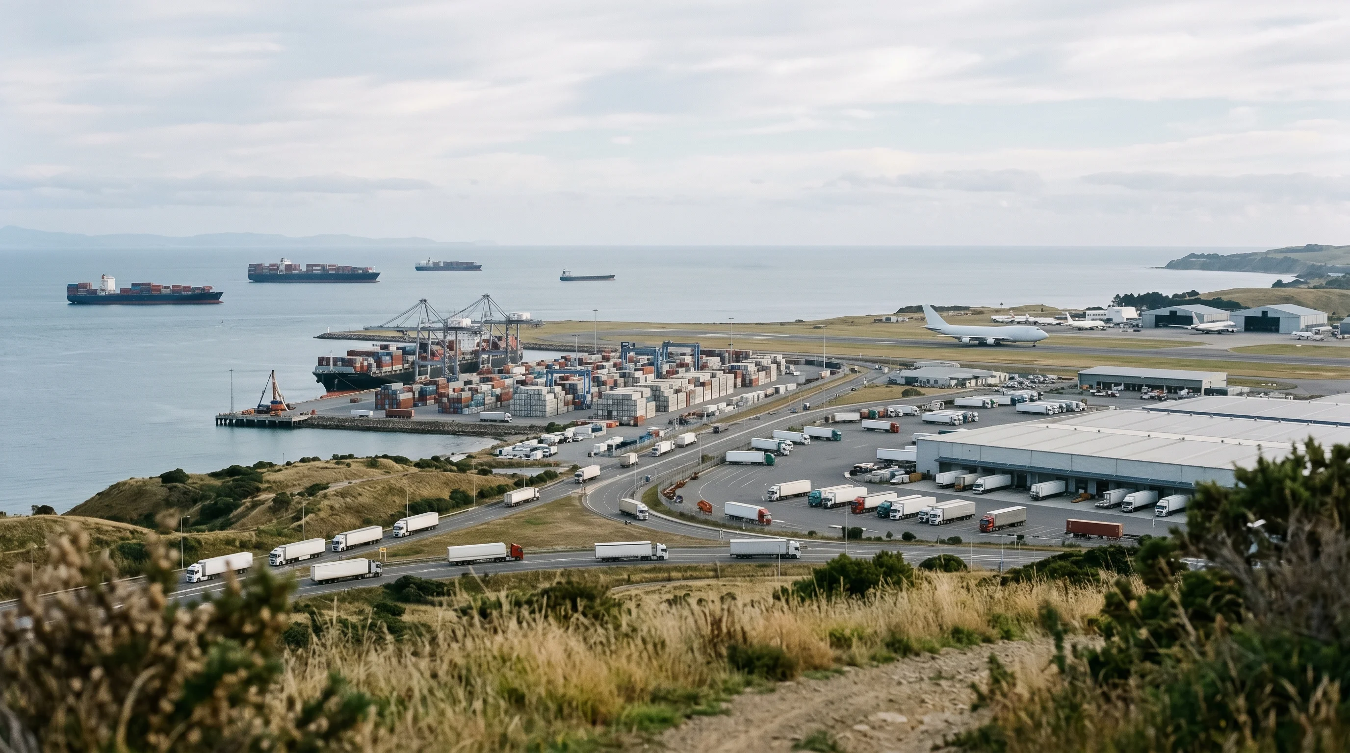 Digital illustration for article section "The Broader Landscape" in "Canals Raises $35M Series A to Automate Wholesale Distribution with AI" - Generate a realistic image of various transport vehicles like trucks, cargo planes, and ships, seen ...
