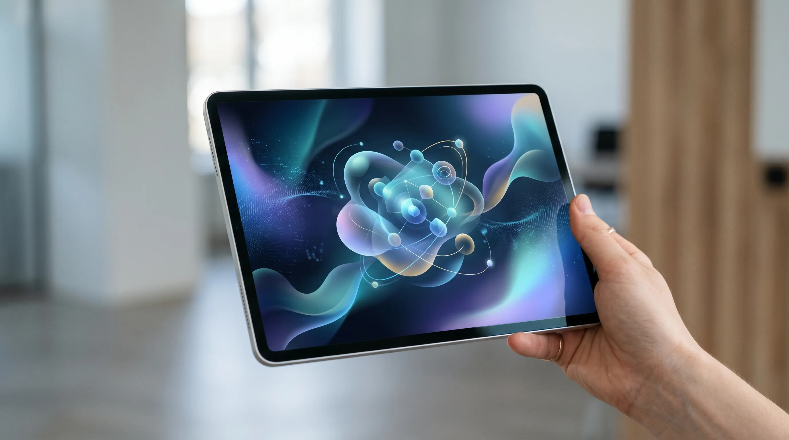 Digital illustration for article section "What "AI-Native" Actually Means" in "MAL Secures UAE Approval for AI-Native Islamic Digital Bank" - Generate a realistic image of a futuristic, abstract digital banking platform interface on a tablet ...