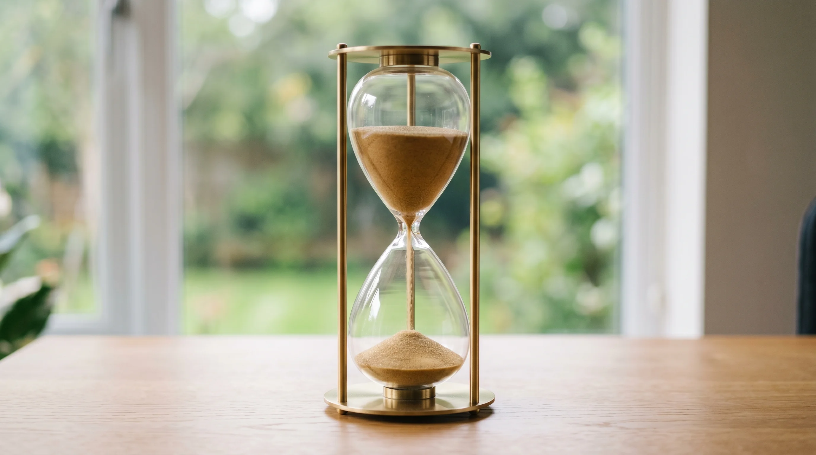Digital illustration for article section "A Year to Prove It" in "MAL Secures UAE Approval for AI-Native Islamic Digital Bank" - Generate a realistic image of a large hourglass with sand trickling down, symbolizing the one-year c...