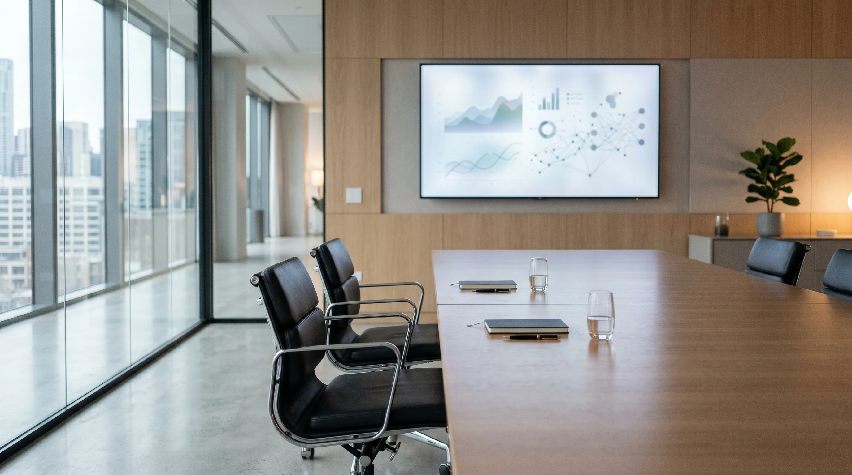 Digital illustration for article section "The Founders: Healthtech Veterans With AI Chops" in "Panacea Launches AI-Native Platform to Accelerate FDA Approvals" - Create an image showcasing a meeting room with two empty seats, indicating the founders. The room sh...