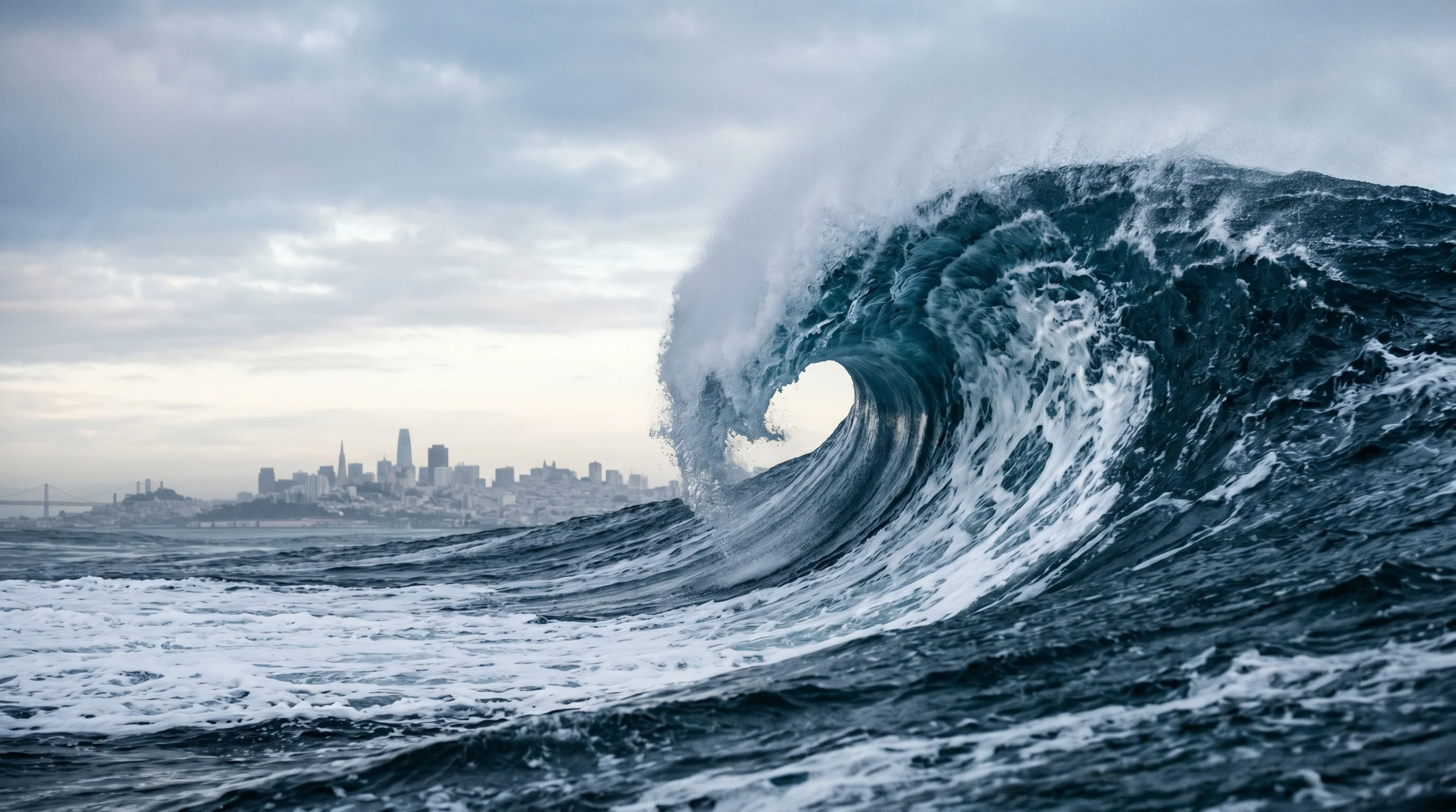 Digital illustration for article section "Riding a Wave—or Creating One?" in "Panacea Launches AI-Native Platform to Accelerate FDA Approvals" - Generate an image of a wave, representing the 'wave' the company is riding or creating. The wave sho...