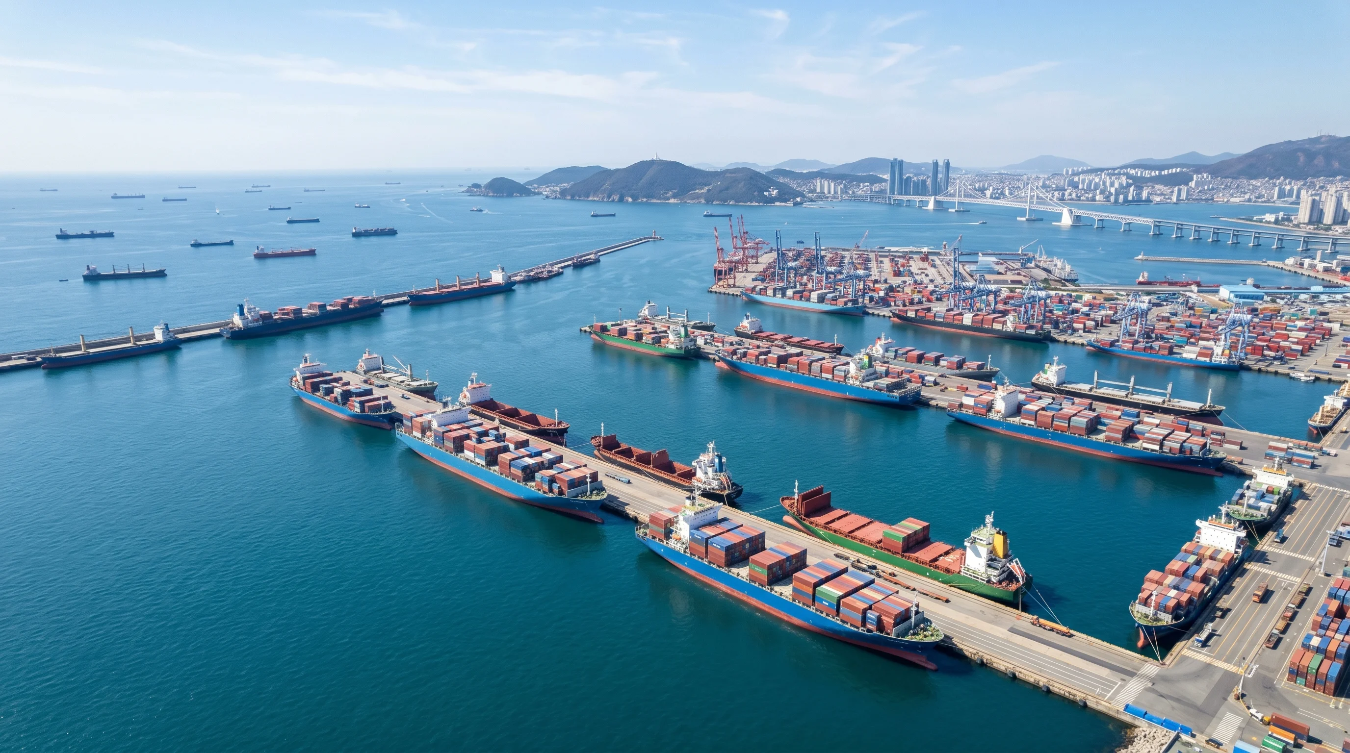 Digital illustration for article section "Content Section 3" in "Hyundai-Backed SURFF Secures Undisclosed Seed to Digitize Korean Shipping" - Generate an image of a bustling port in South Korea, filled with large cargo ships. The scene should...