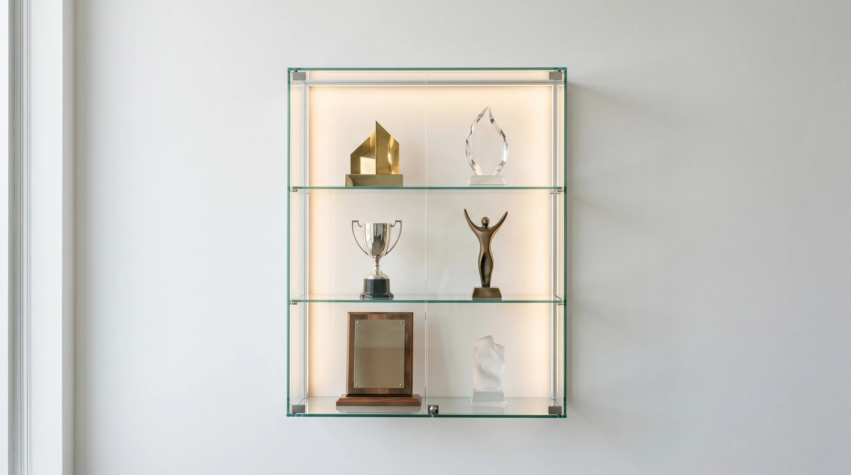 Digital illustration for article section "Content Section 5" in "Hyundai-Backed SURFF Secures Undisclosed Seed to Digitize Korean Shipping" - Generate an image of a glass trophy case displaying various awards. The case should be lit to emphas...