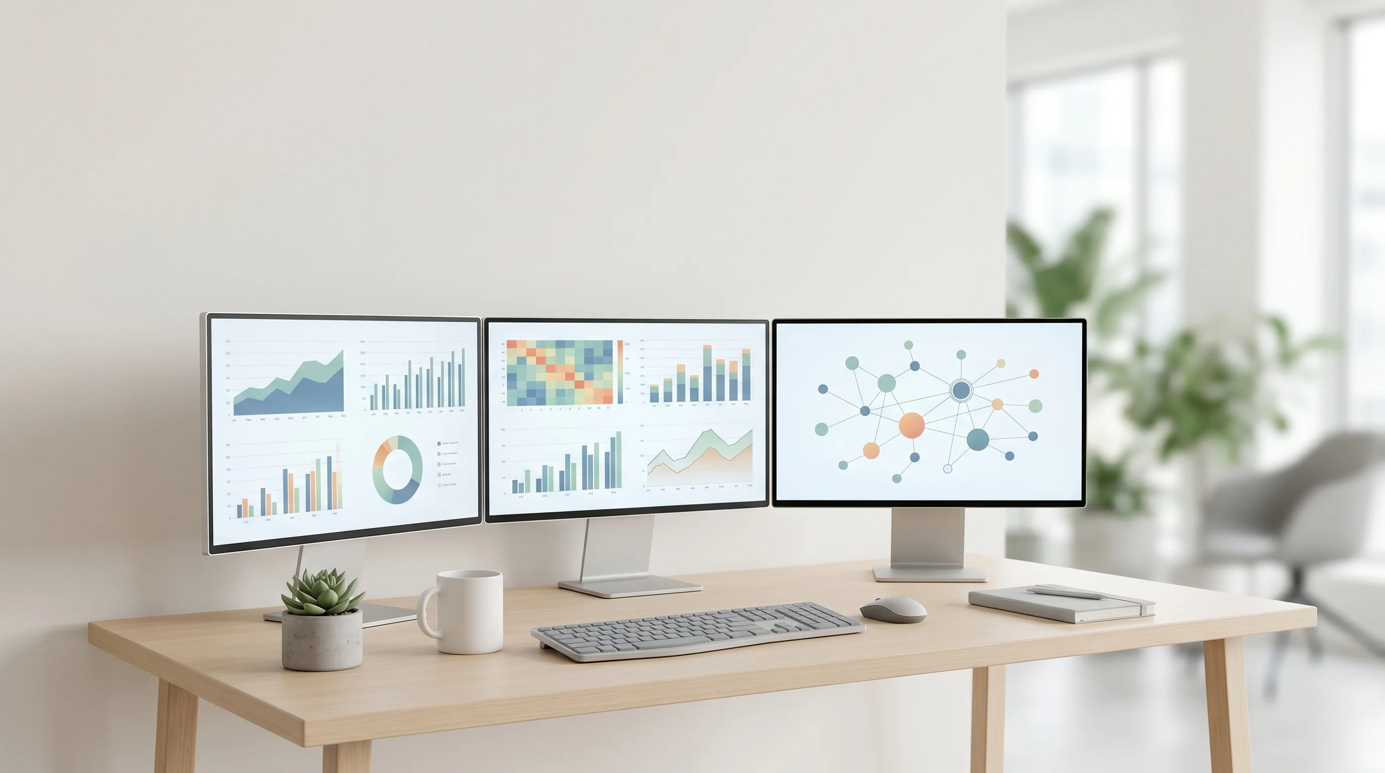 Digital illustration for article section "AI Agents, Not Just Software" in "Complir Brings AI Agents to Cross-Border Retail Compliance" - Show an image of a modern workspace with multiple computer screens displaying graphs and data analyt...