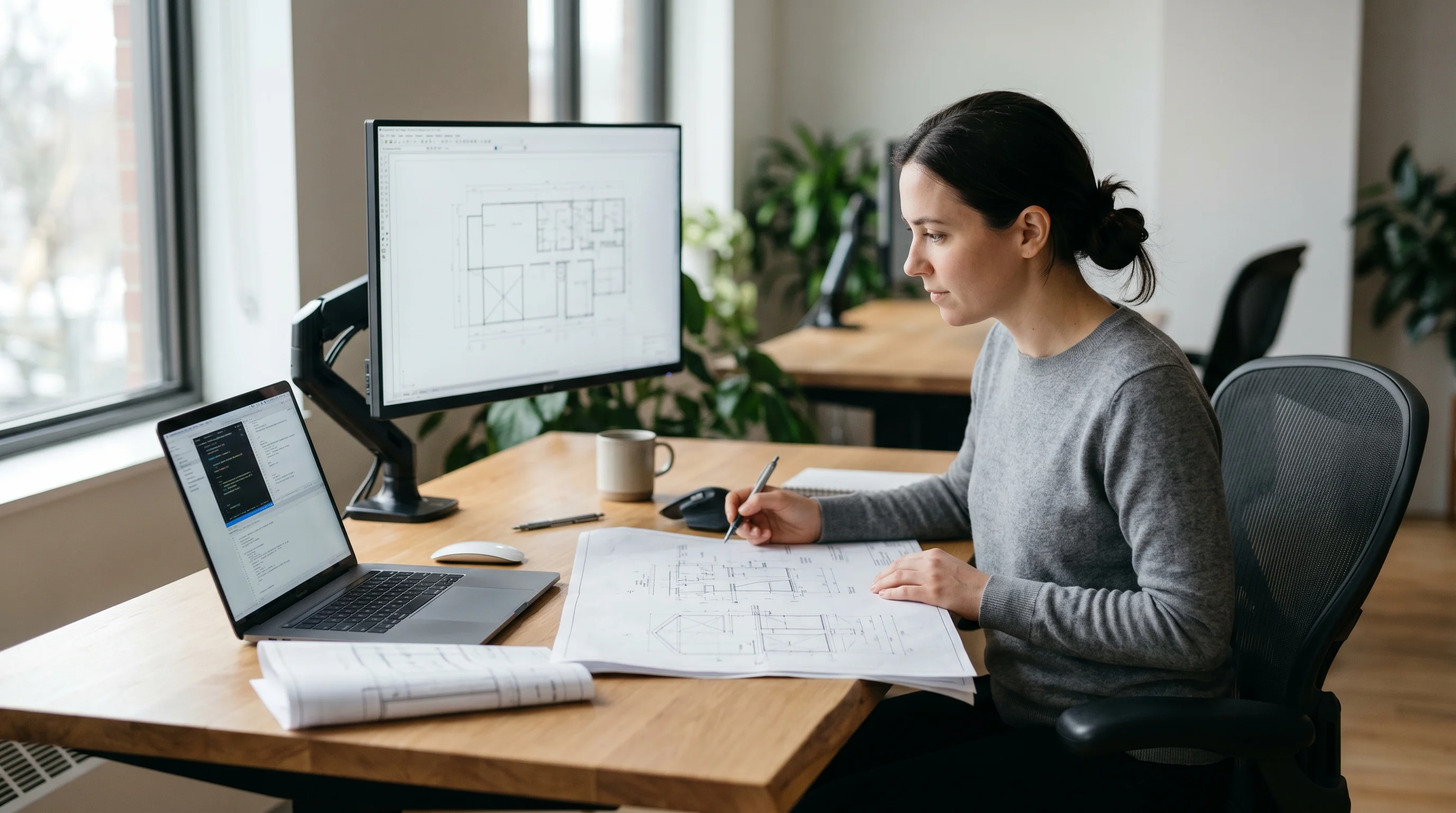 Digital illustration for article section "Where the Money Goes" in "Kubera Health Raises $6.5M Seed to Fix Healthcare's Payment Crisis" - Generate a realistic image of a modern workspace with computers and blueprint drawings, indicating t...