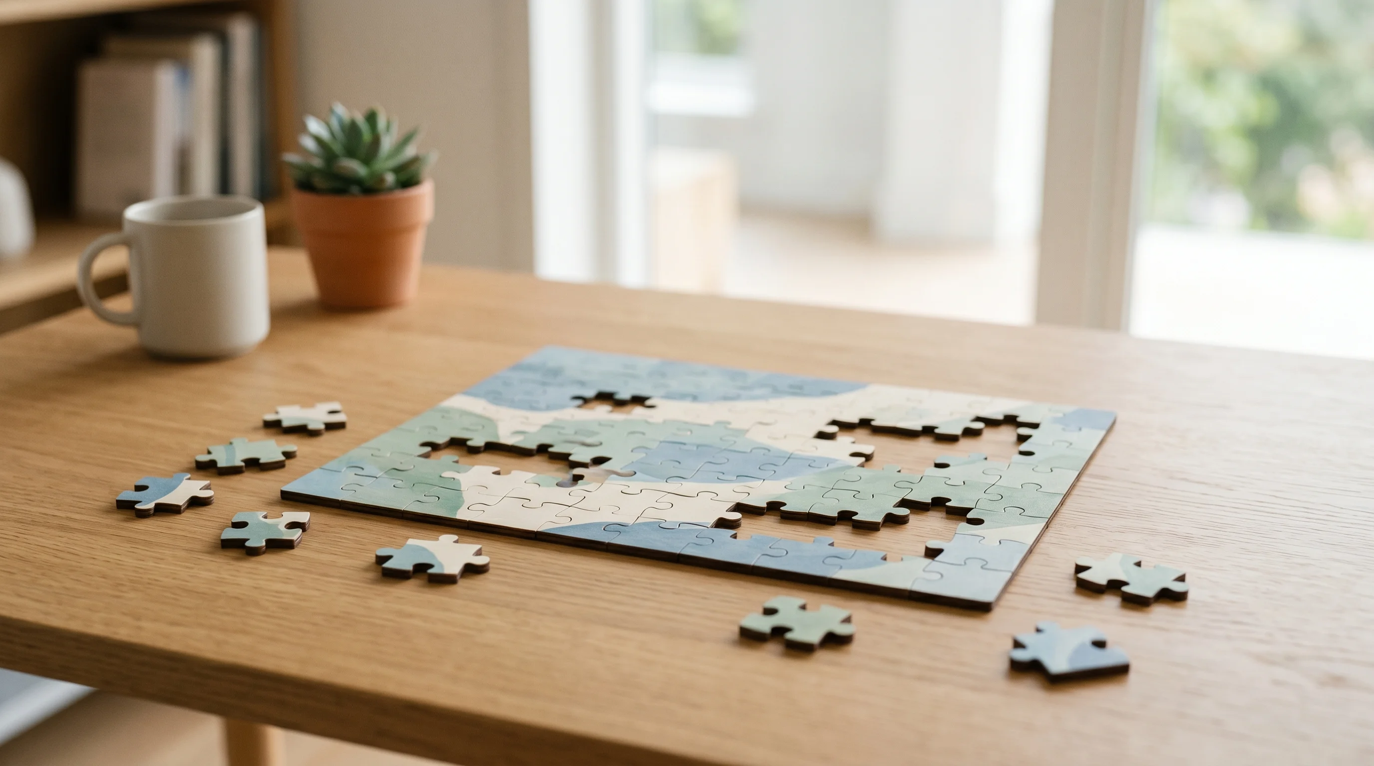 Digital illustration for article section "Rethinking the Sales Stack" in "Monaco Raises $50M Series B Led by Benchmark After 7-Figure ARR Sprint" - Generate a realistic image representing a jigsaw puzzle with missing pieces scattered around to symb...