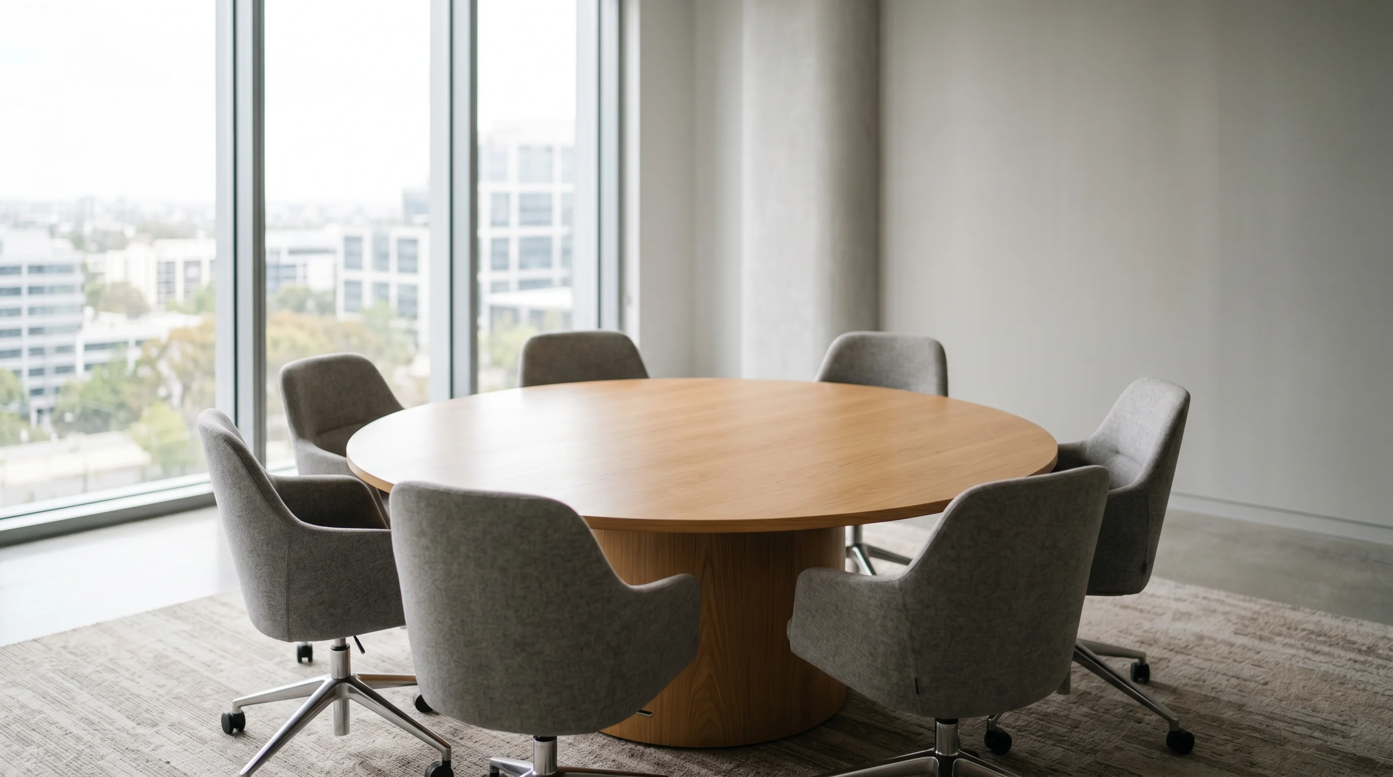 Digital illustration for article section "The Team Behind the Raise" in "Monaco Raises $50M Series B Led by Benchmark After 7-Figure ARR Sprint" - Craft an image of a round table in an empty conference room, symbolizing a team discussion or strate...