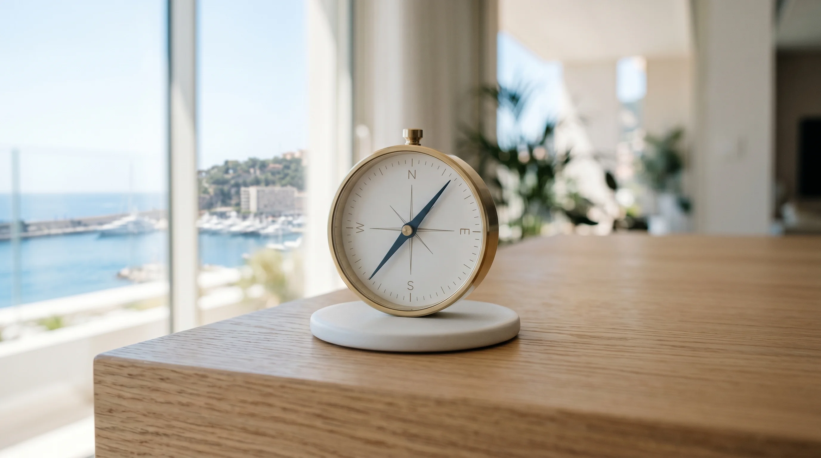 Digital illustration for article section "What Comes Next" in "Monaco Raises $50M Series B Led by Benchmark After 7-Figure ARR Sprint" - Generate an image representing a navigational compass on a minimalistic, modern desk, symbolizing th...