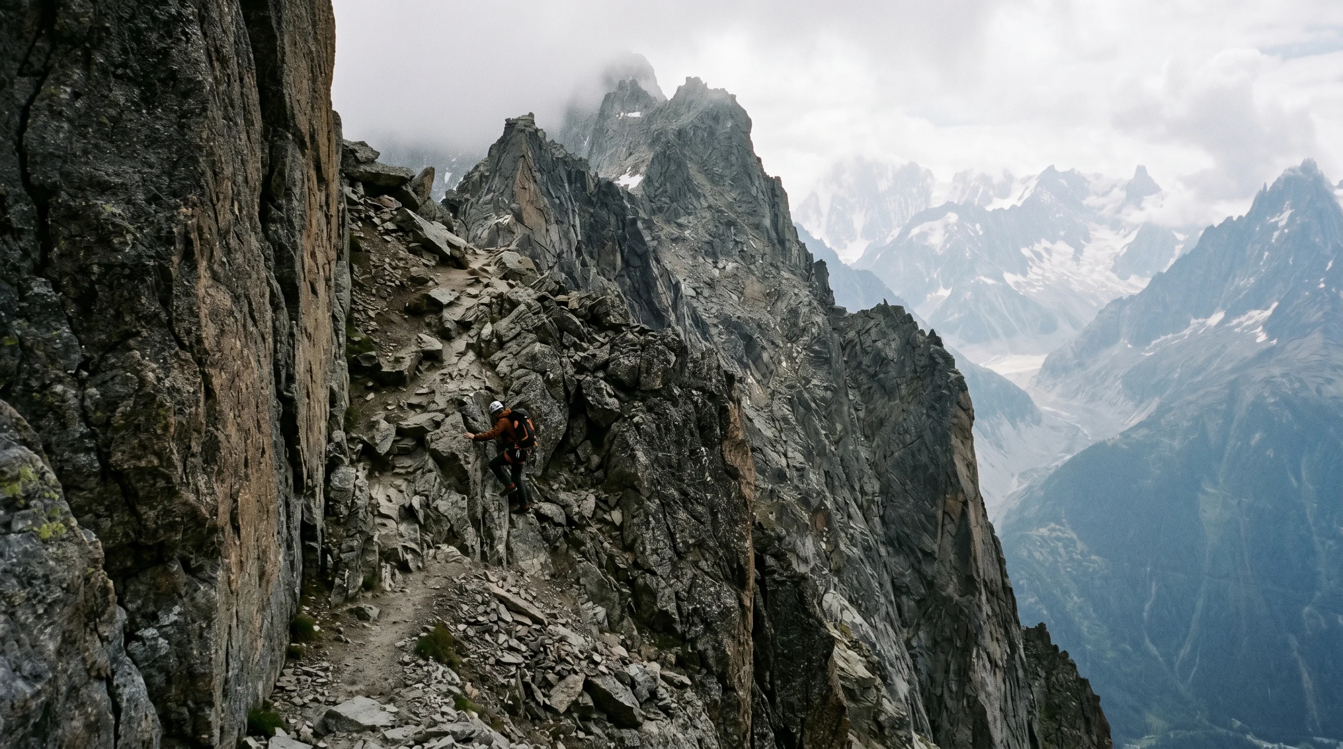 Digital illustration for article section "Real-Time or Really Hard?" in "Reactor Raises $59M Led by Lightspeed for Real-Time AI Infrastructure" - Generate a realistic image of a challenging mountain terrain, representing the formidable technical ...
