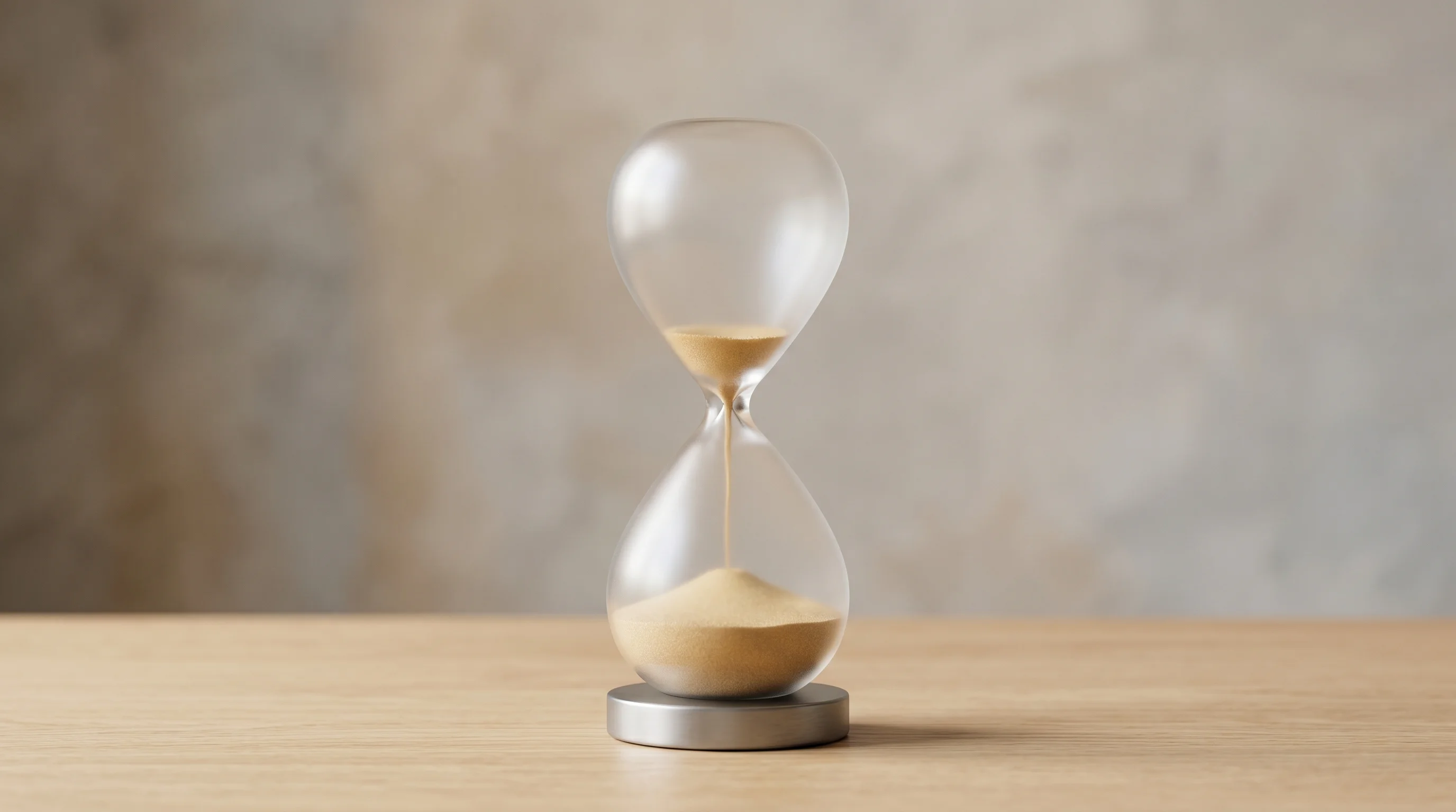 Digital illustration for article section "Waiting on August" in "Retro Bio's Autophagy Drug Enters Human Trials for Alzheimer's" - Create an image of an abstract, modern, and minimalistic hourglass, representing the anticipation of...
