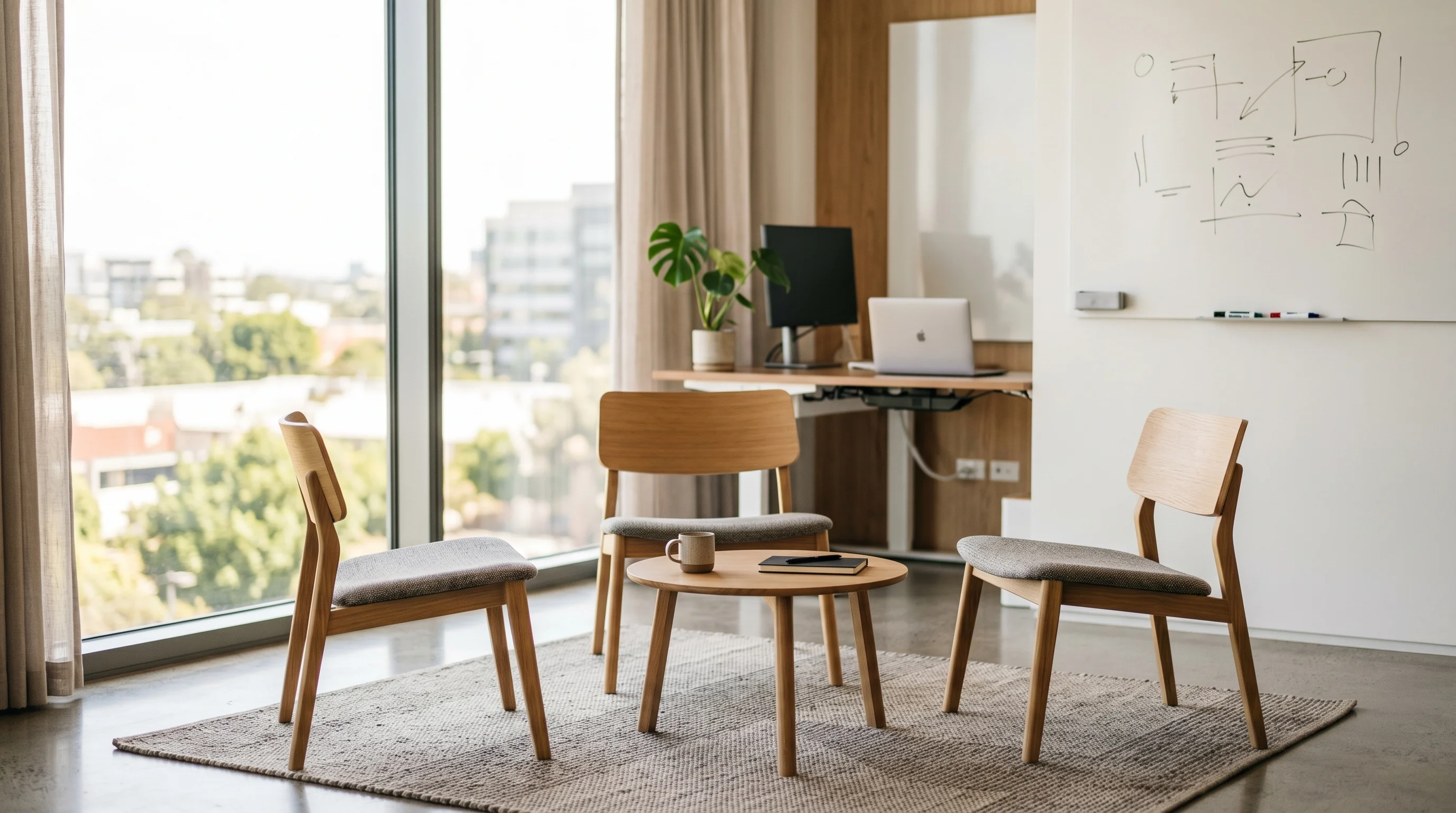Digital illustration for article section "Who's Behind It" in "YC-Backed Synphony Deploys Strawberry Robots in $3B California Market" - Generate an image of a modern office space with three empty chairs in a collaborative circle, repres...