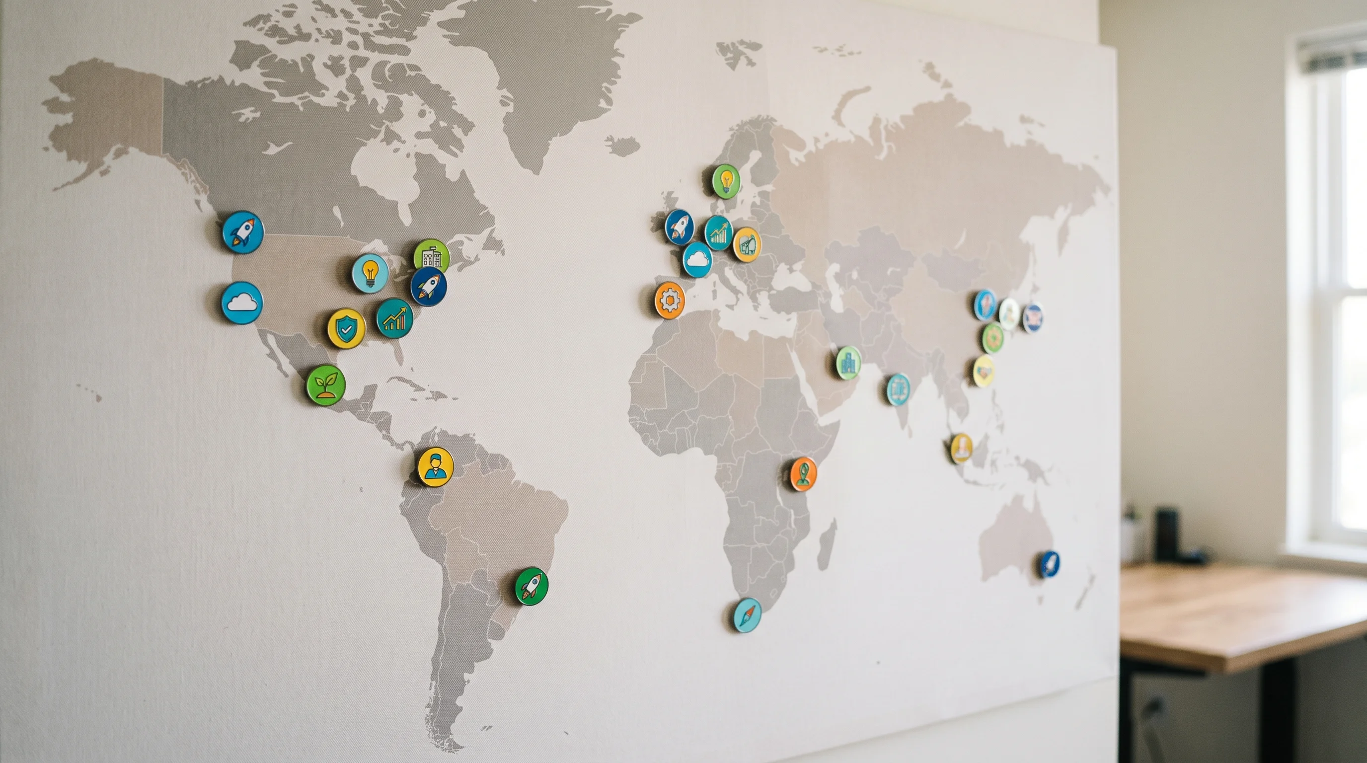 Digital illustration for article section "Early Traction, Murky Details" in "Arga Labs Launches Sandbox Platform for AI Agent Testing" - Show a realistic_image of multiple startup icons pinned on a world map, representing the diverse cus...