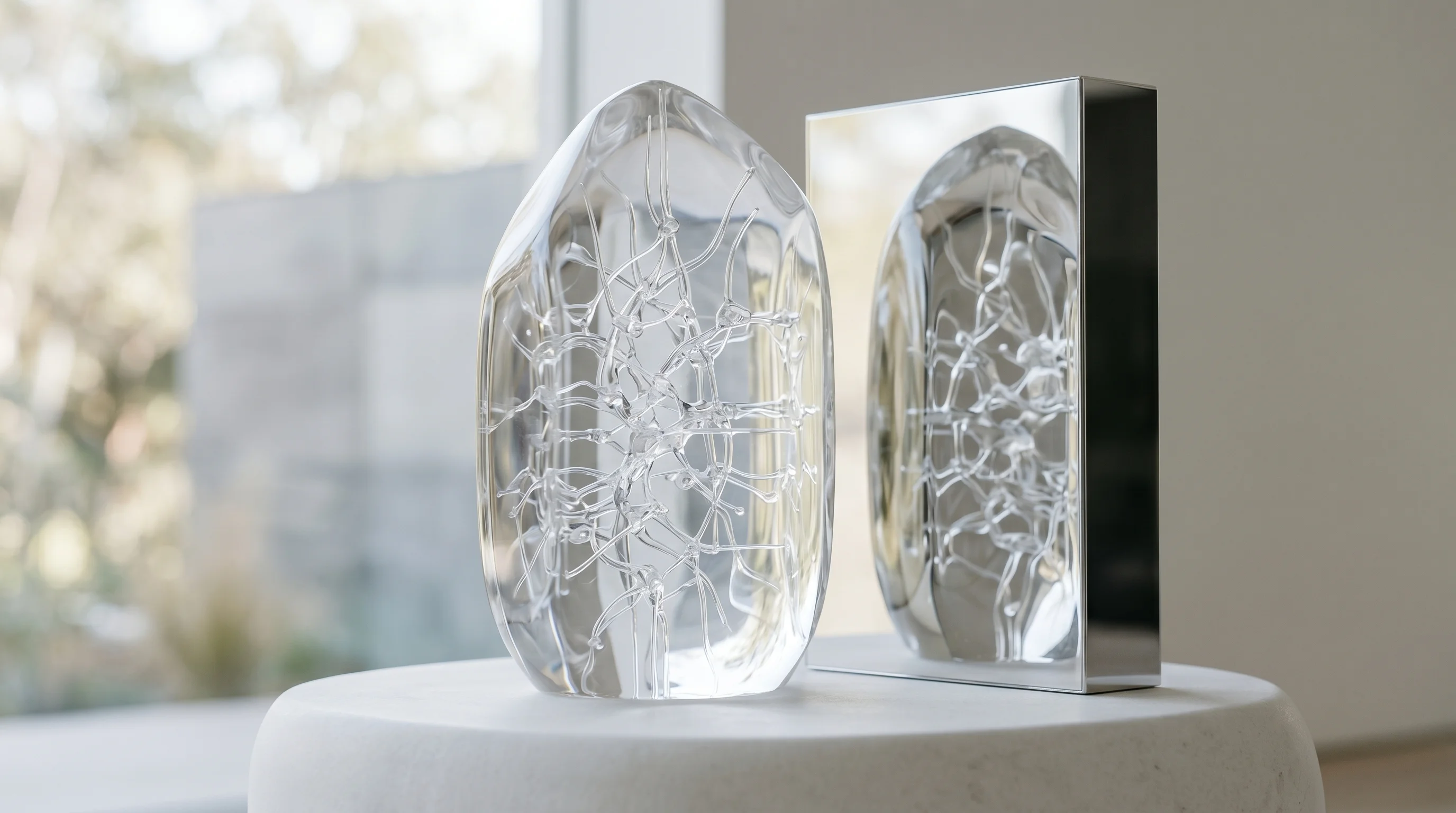Digital illustration for article section "The Bigger Bet" in "Arga Labs Launches Sandbox Platform for AI Agent Testing" - Show a realistic_image of a digital twin concept. It could be mirror-like structures or a clear crys...