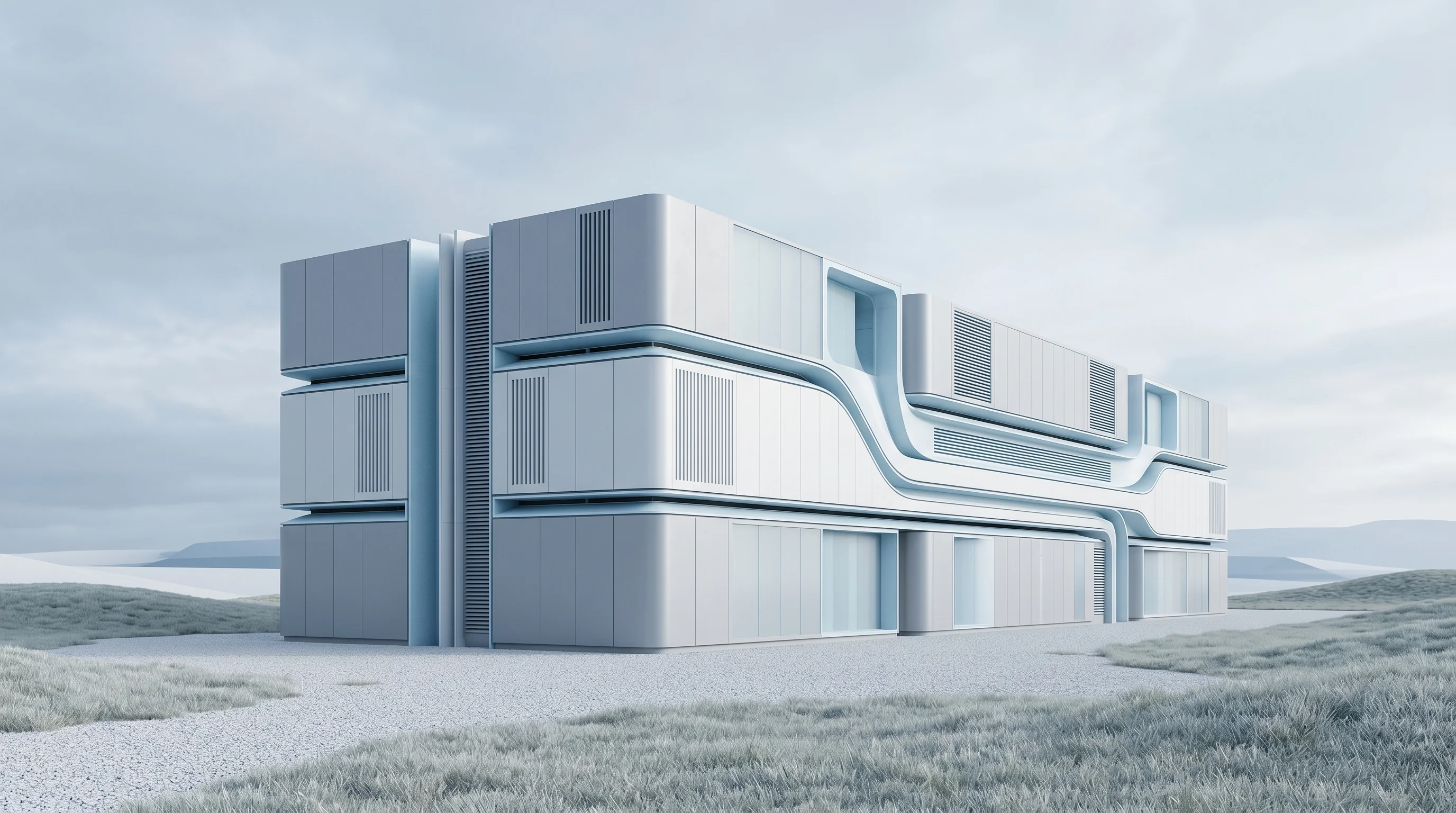 Digital illustration for article section "Market Entry, Murky Details" in "Madrone's Dew-Point Cooling Cuts Data Center Energy by 30%" - A conceptual, sleek, modular architectural structure representing advanced, chiller-free cooling inf...