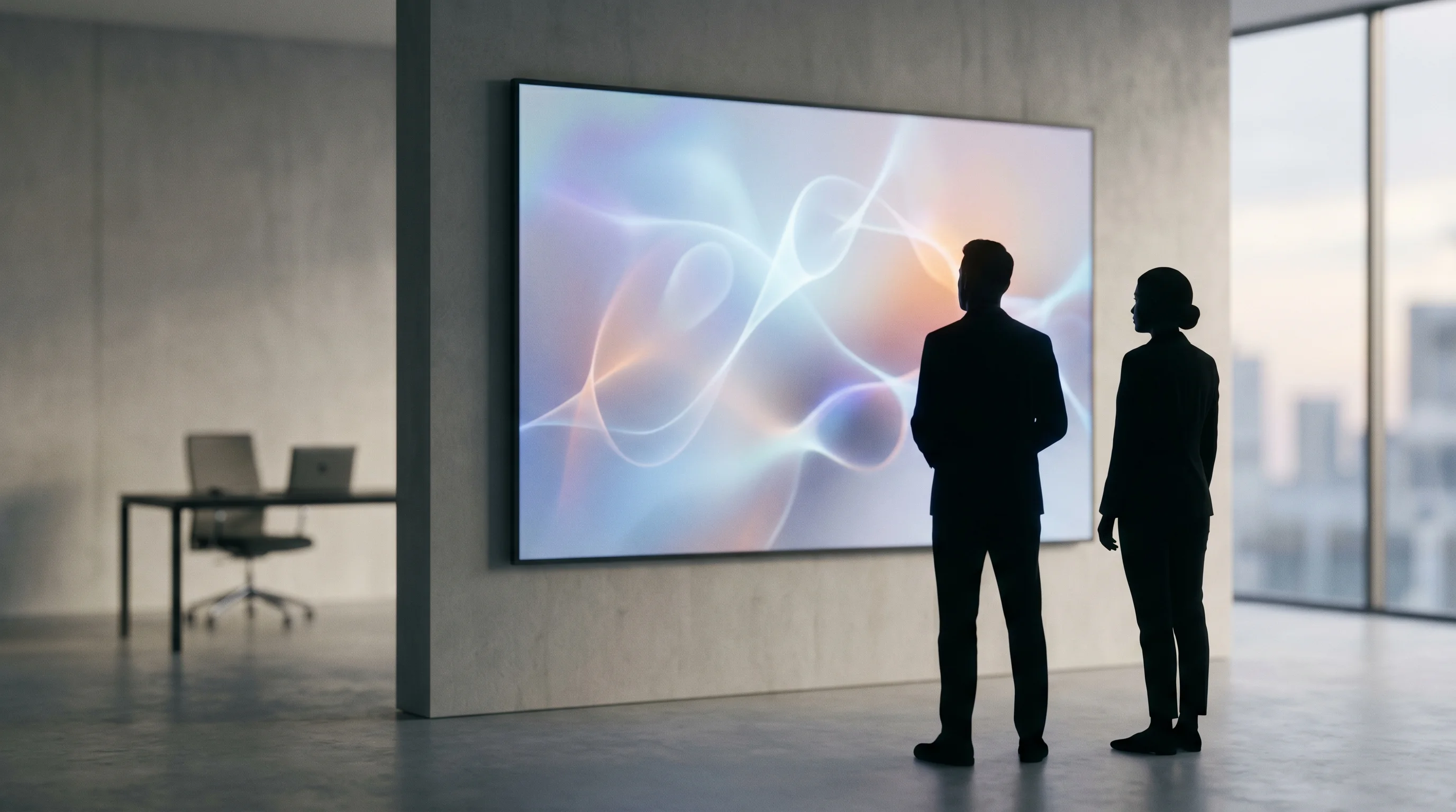 Digital illustration for article section "The Founders: Patents on Tardigrades, Time at DeepMind" in "YC-Backed General Instinct Launches Offline AI for Edge Devices" - Show a minimalist and abstract image of two silhouettes looking at a large digital screen displaying...