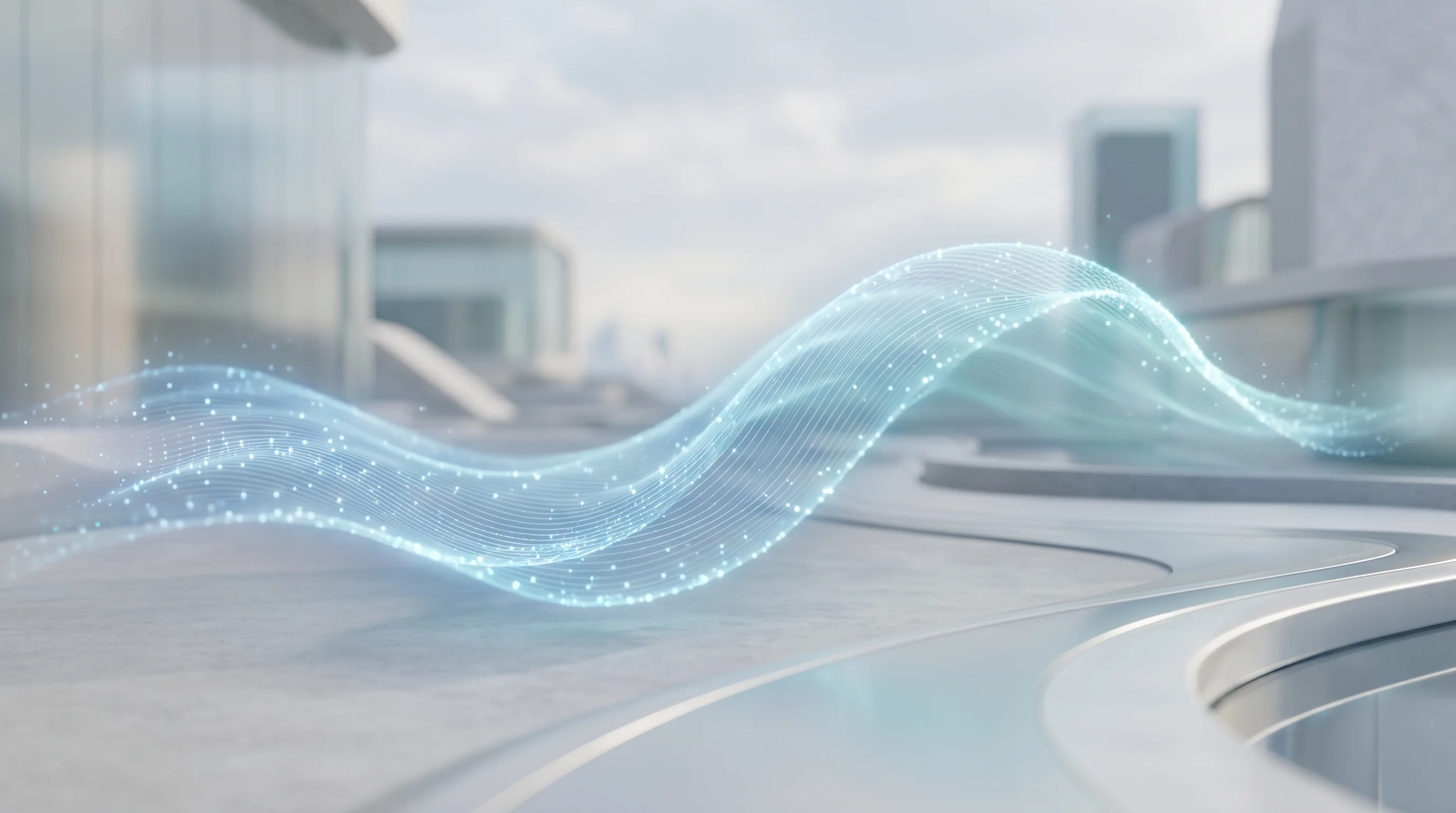 Digital illustration for article section "A Crowded Moment for Edge AI" in "YC-Backed General Instinct Launches Offline AI for Edge Devices" - Create an image of a wave to symbolize the wave of infrastructure plays mentioned in the text. The w...