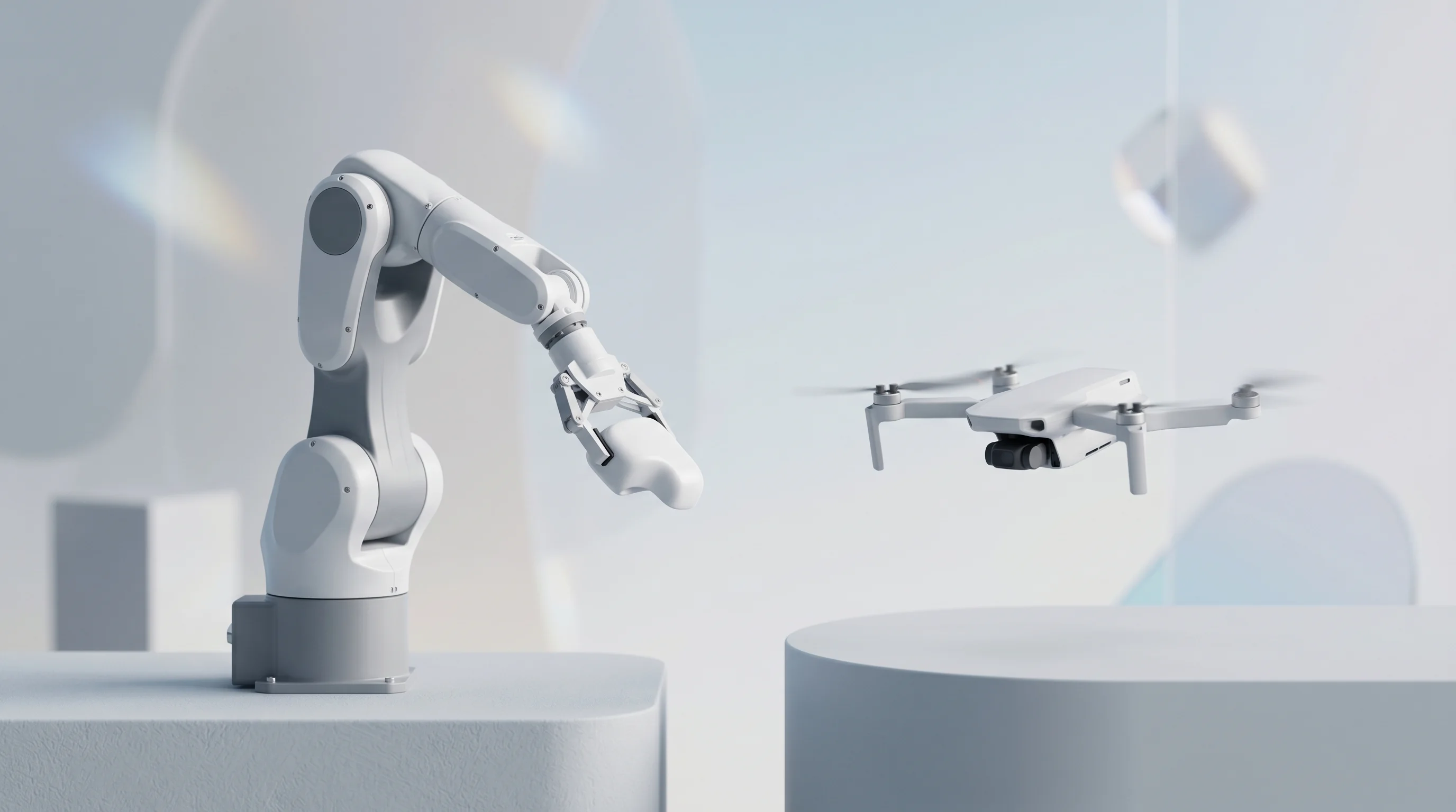 Digital illustration for article section "The Two-Person Question" in "YC-Backed General Instinct Launches Offline AI for Edge Devices" - Visualize the concept of customization in edge AI with an image of a drone and a factory robot, repr...