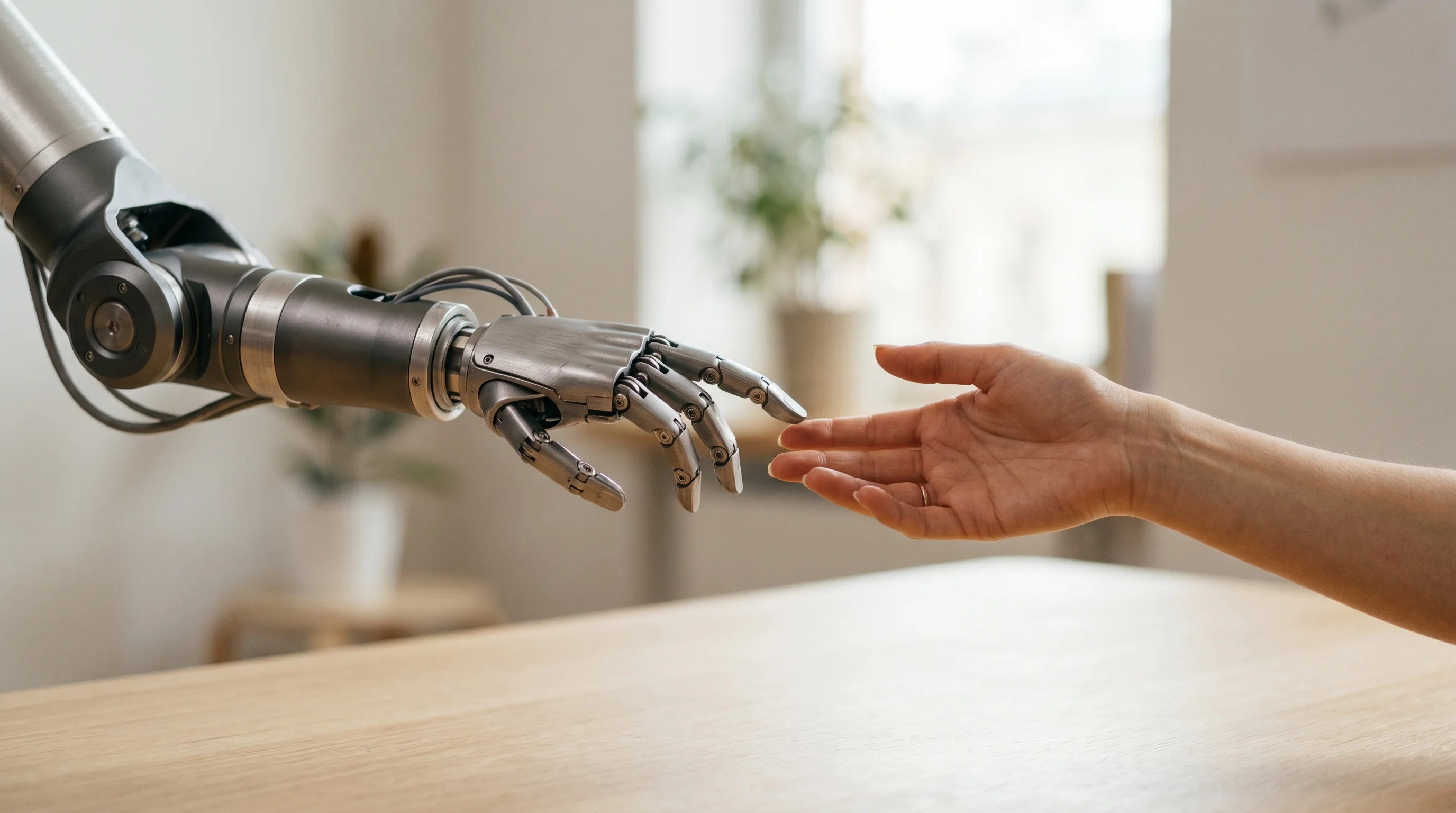 Digital illustration for article section "Becoming an Agency, Sort Of" in "YC's InstaAgent Hits $1M ARR in 10 Months with AI Marketing Pivot" - Generate a realistic image of a robotic arm and a human hand reaching towards each other, symbolizin...