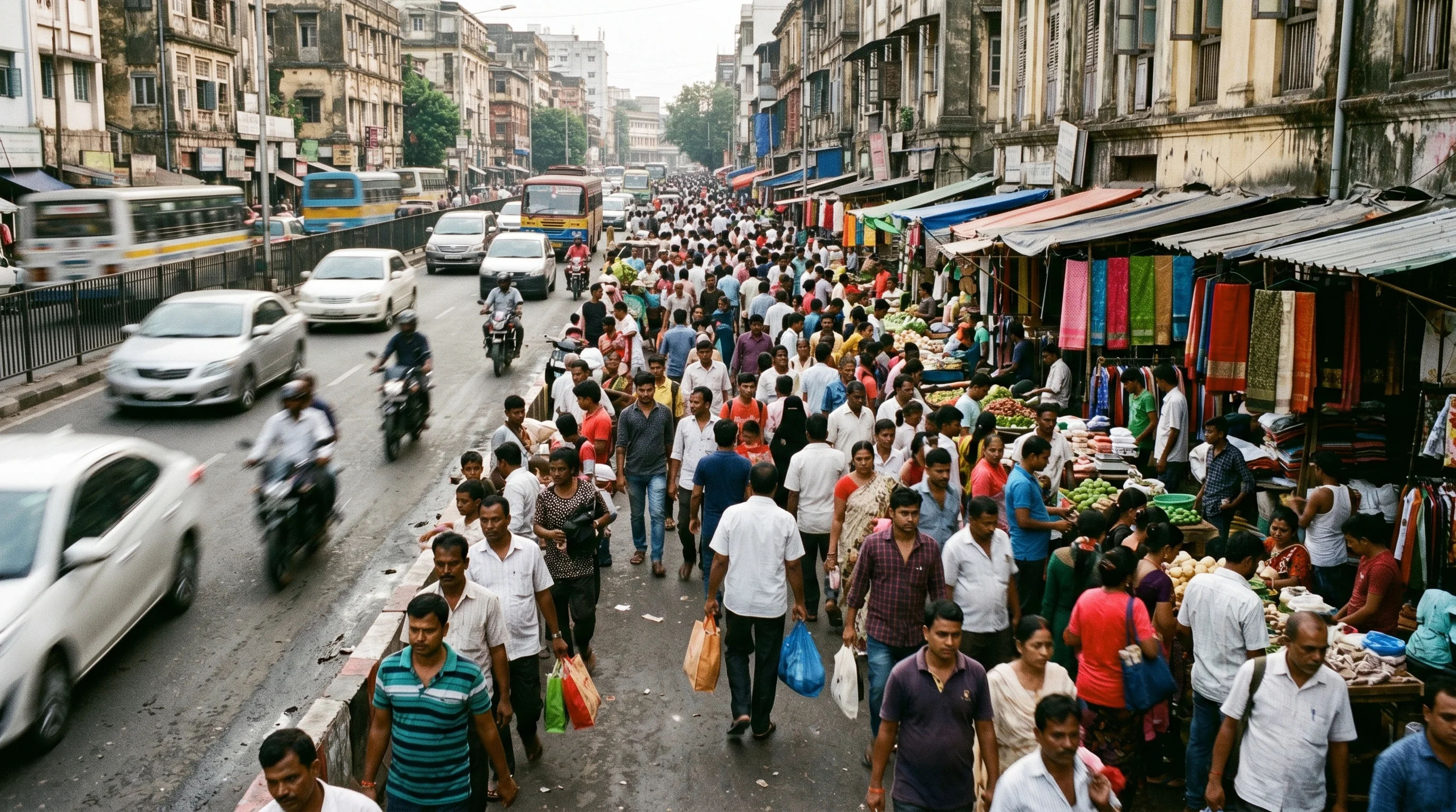 Digital illustration for article section "A Market Already Getting Crowded" in "YC's InstaAgent Hits $1M ARR in 10 Months with AI Marketing Pivot" - Generate a realistic image of a crowded city street, symbolizing a market that is getting crowded, w...