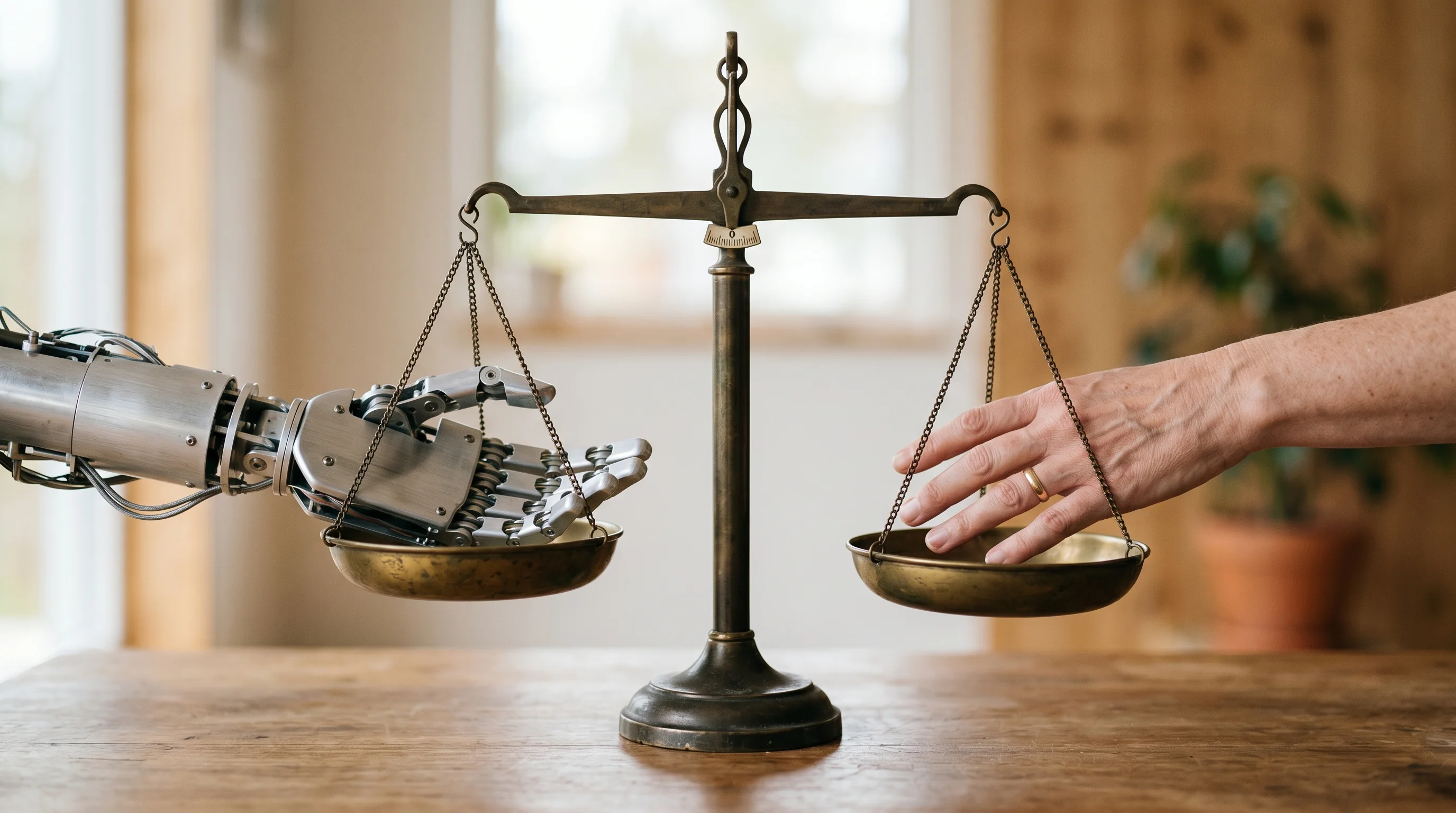 Digital illustration for article section "Control Freaks Welcome" in "YC-Backed Pentagon Launches Desktop App for AI Agent Teams" - Generate a realistic image of a balance scale, with one side representing autonomy (symbolized by an...