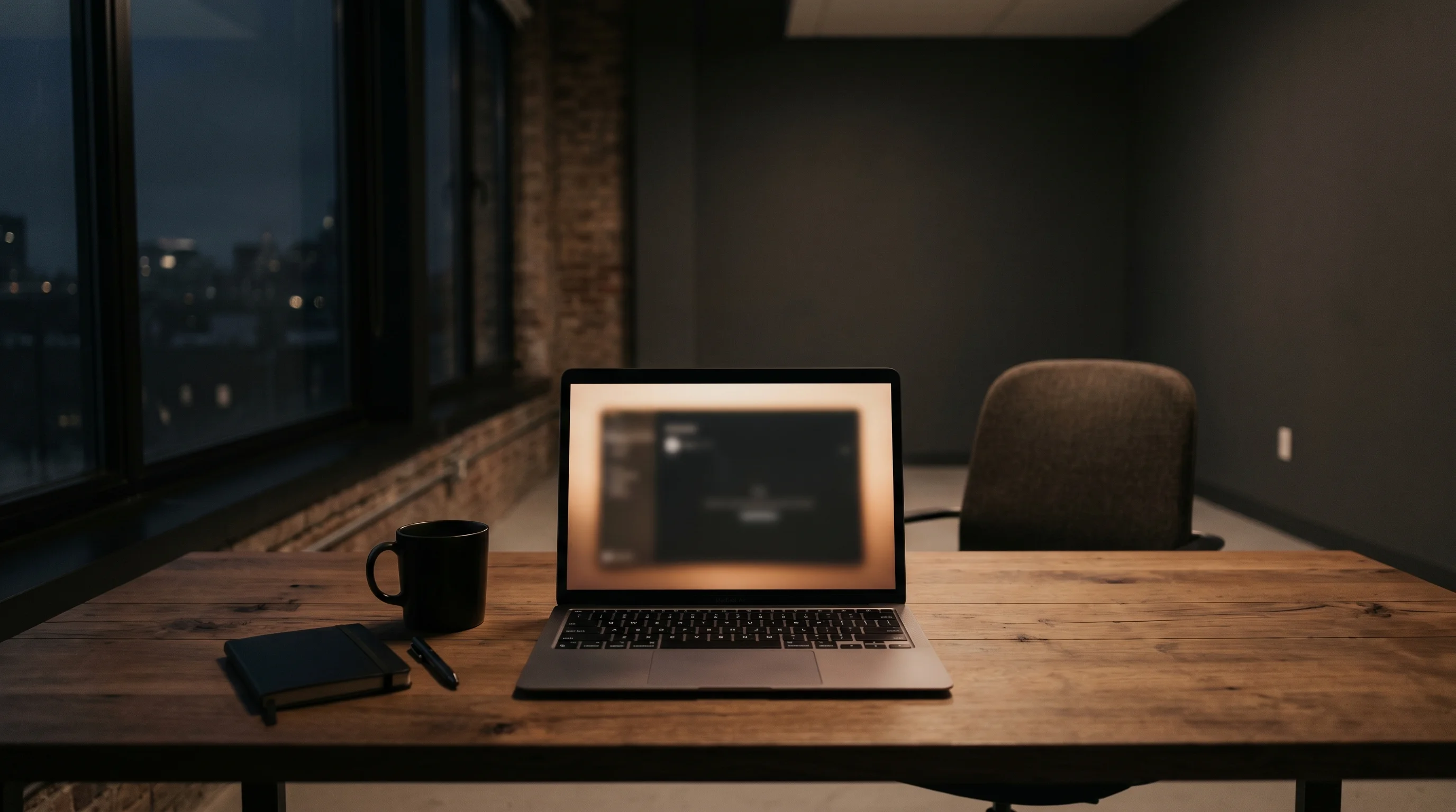 Digital illustration for article section "No Pricing, No Logos—Yet" in "YC-Backed Pentagon Launches Desktop App for AI Agent Teams" - Generate a realistic image of a dimly lit room with an open laptop on a desk, symbolizing a startup ...