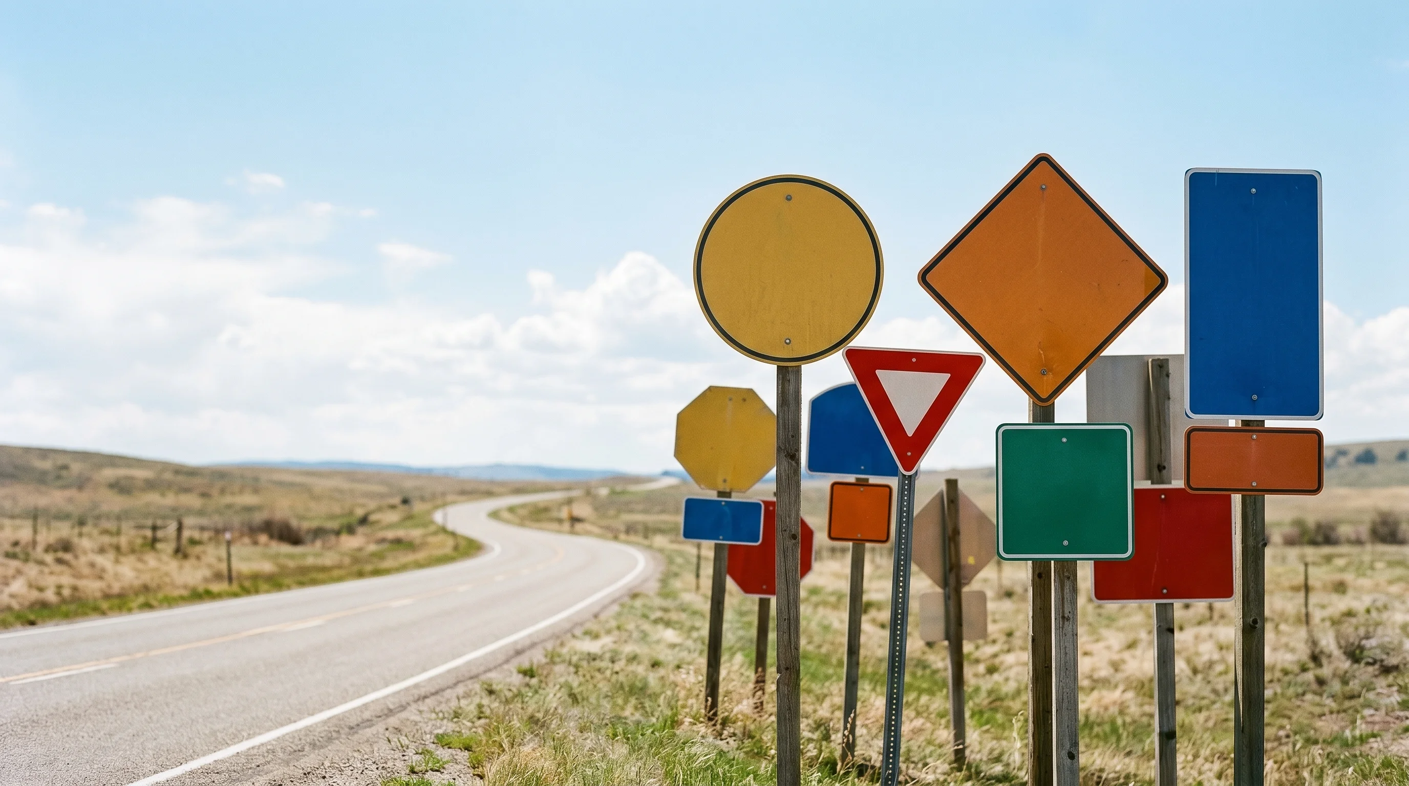 Digital illustration for article section "A Packed Field" in "YC-Backed Stage Launches Code Review Platform for AI-Generated Code" - Generate a realistic image of diverse road signs, representing choices and competition, on an open r...