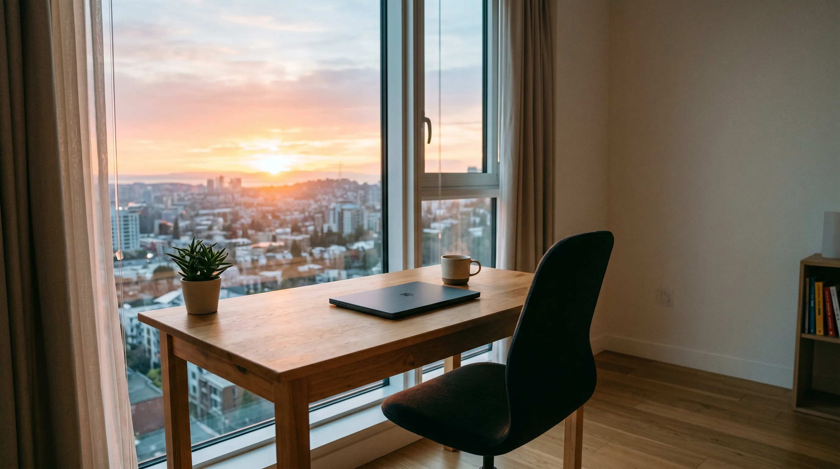 Digital illustration for article section "What Comes Next" in "YC-Backed Stage Launches Code Review Platform for AI-Generated Code" - Generate a realistic image of a small, modern office space with a desk and chair against a large win...