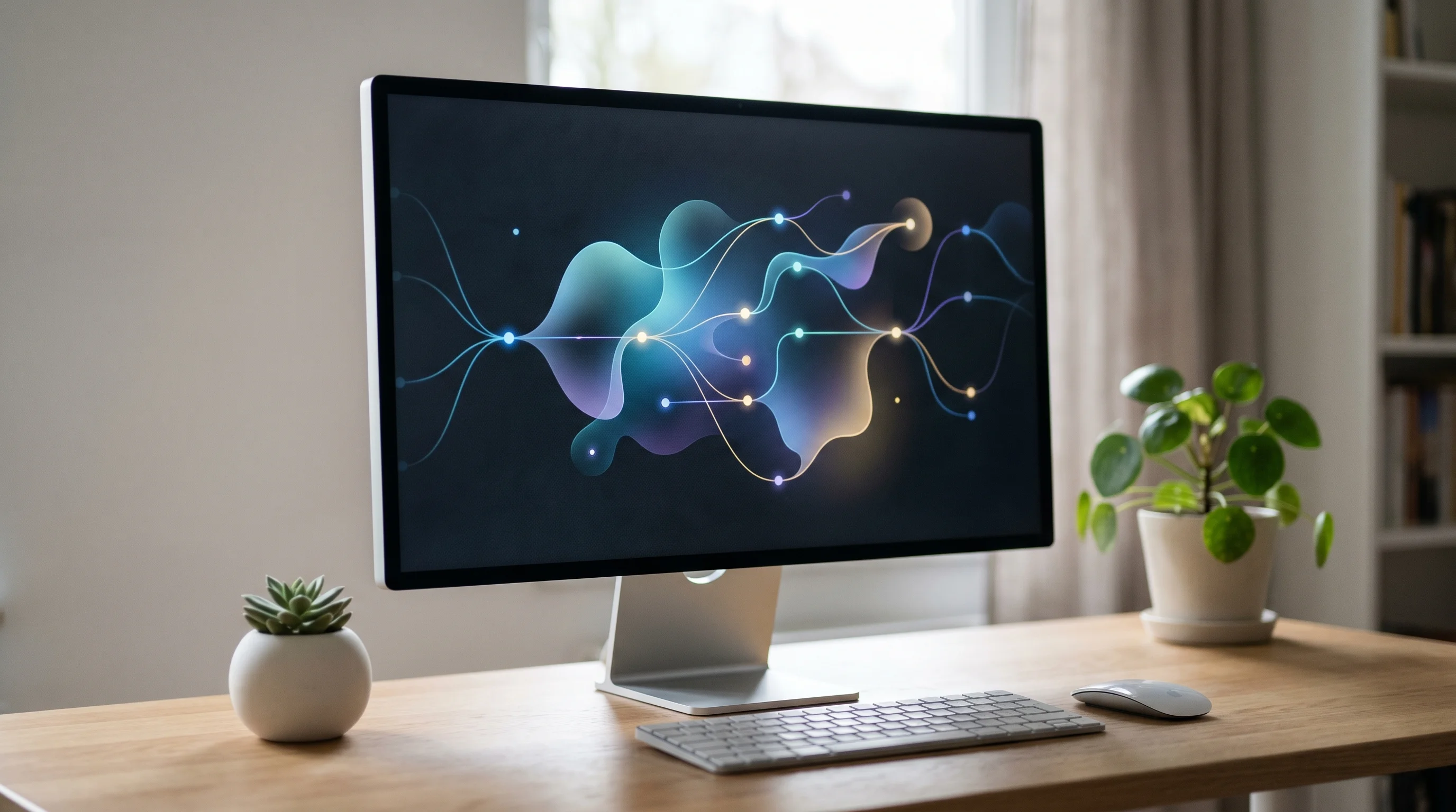 Digital illustration for article section "How It Works" in "Armature Launches Testing Platform for AI Agent-Driven Products" - Create an image of a computer screen with a modern, abstract visualization of a network or system, s...