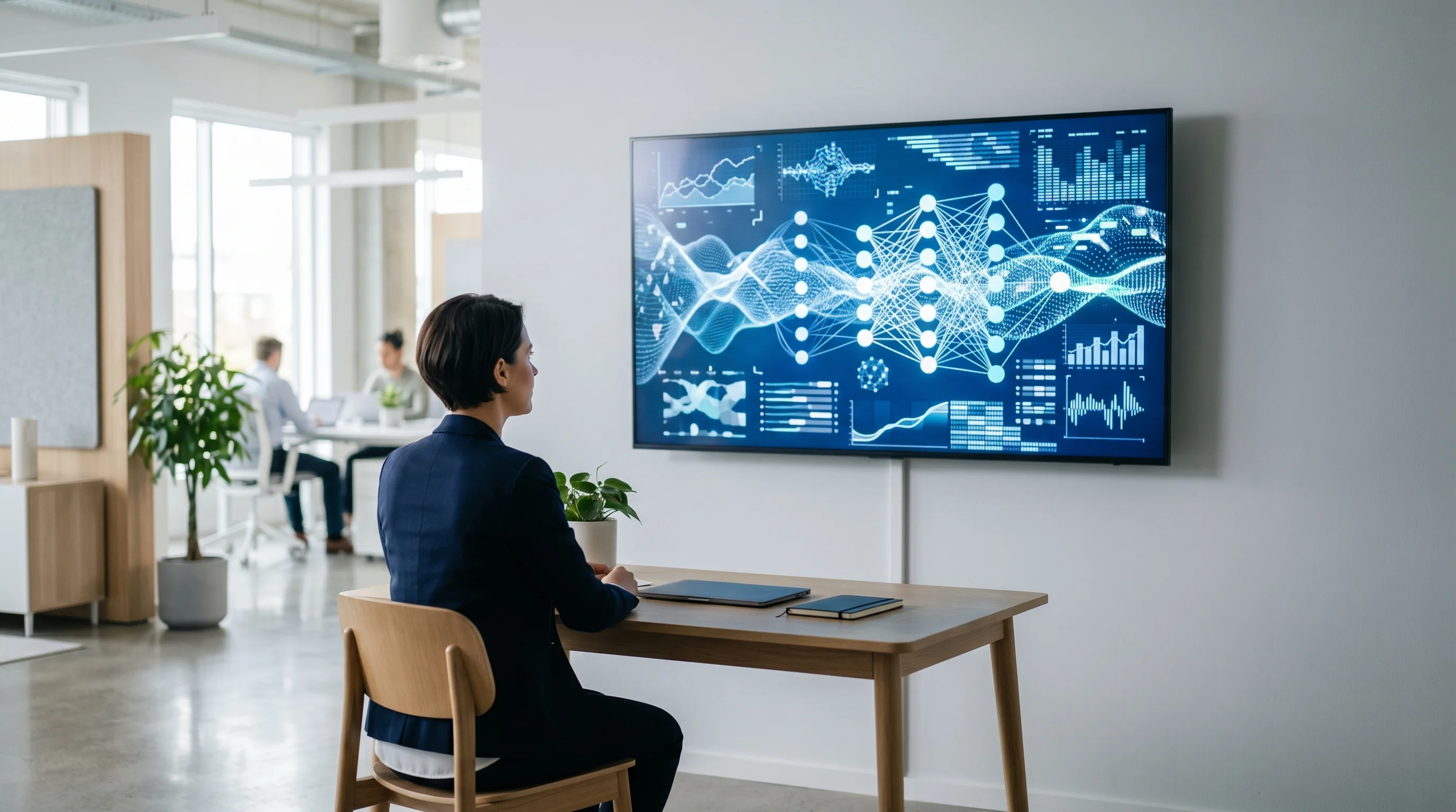 Digital illustration for article section "AI in the Back Office" in "YC-Backed Saudara AI Launches AI Broker for US Brands' Overseas Sourcing" - Generate an image representing AI tools operating in a business setting. The image should depict a m...