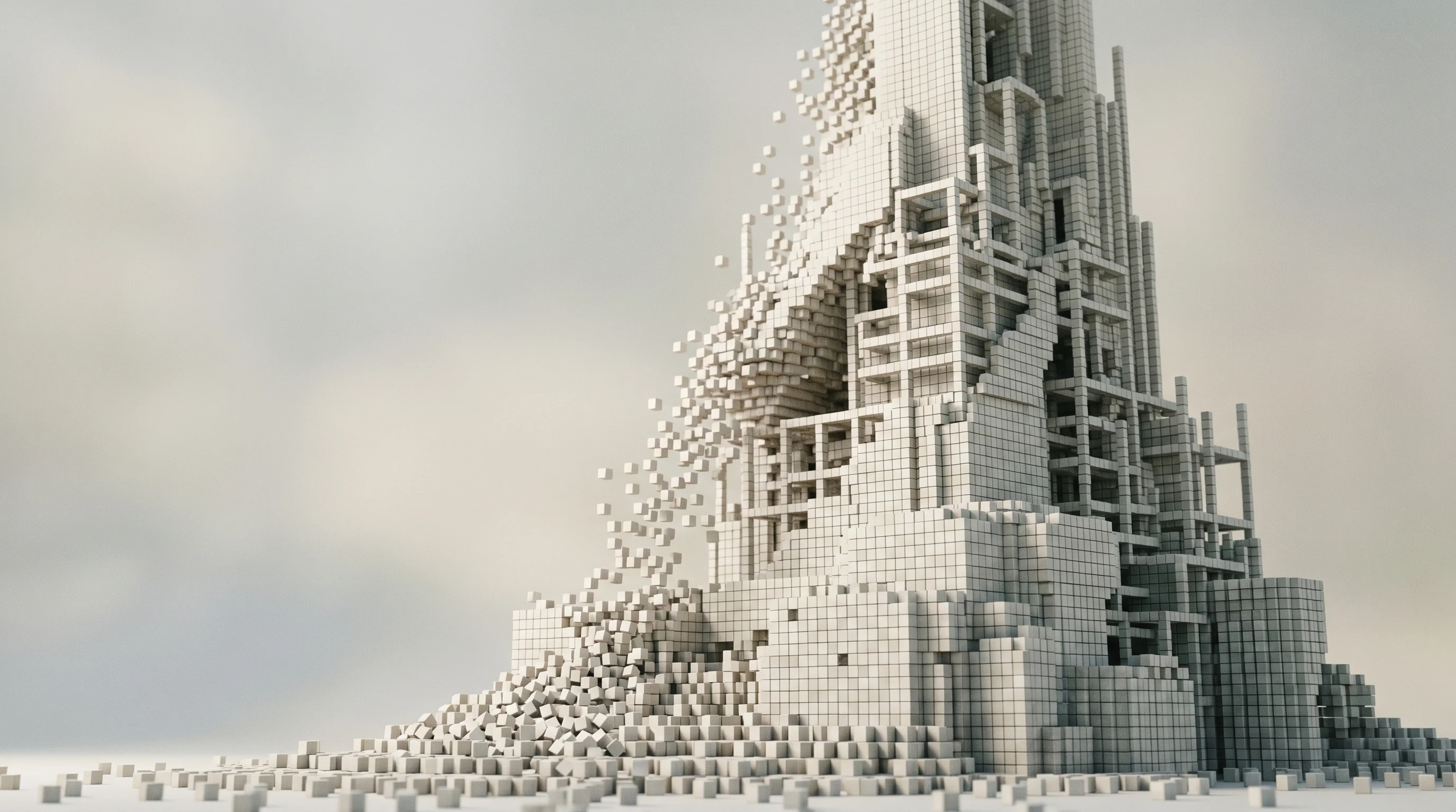 Digital illustration for article section "The Scale Question" in "YC-Backed Saudara AI Launches AI Broker for US Brands' Overseas Sourcing" - Generate an image showing a large, complex structure being built by small, individual blocks. This s...