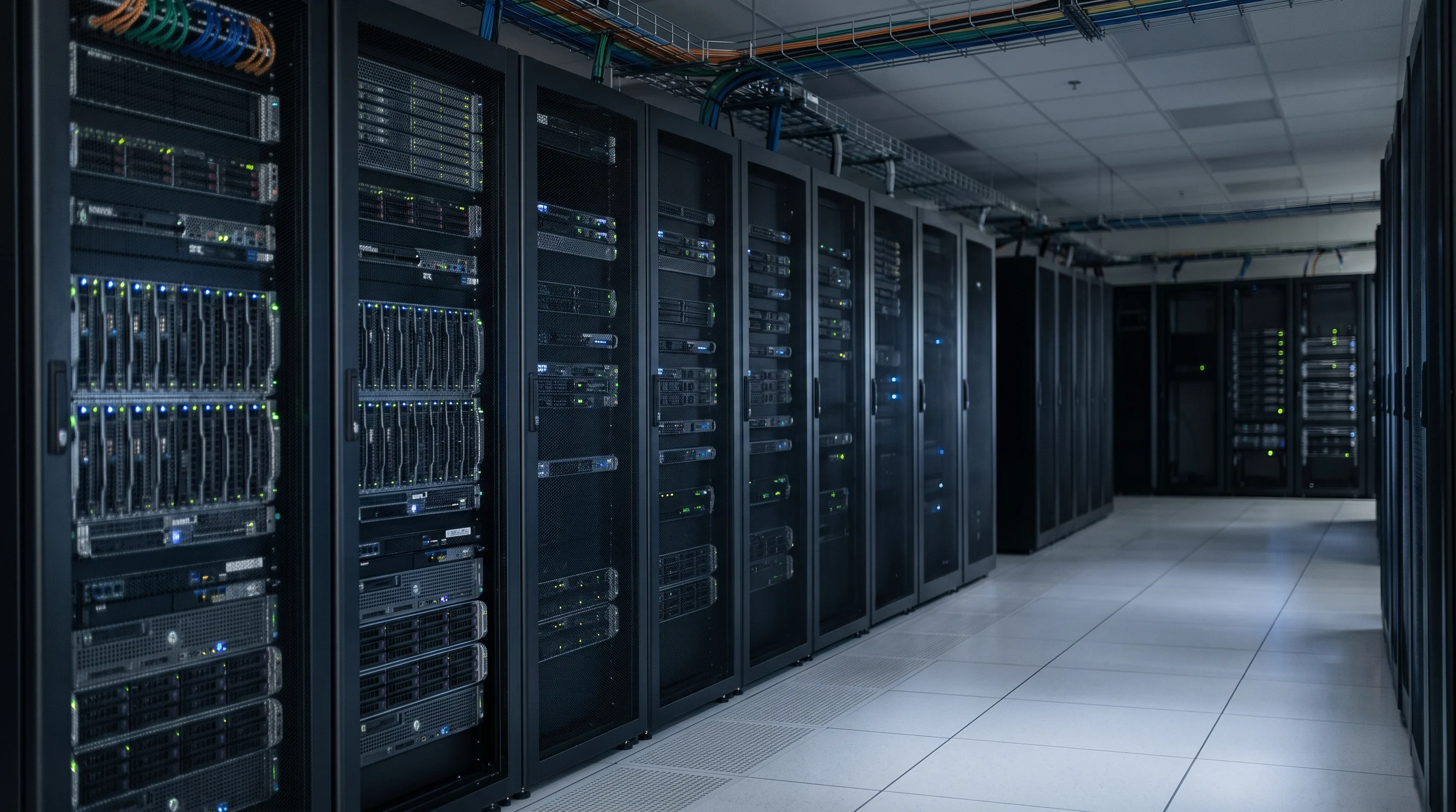 Digital illustration for article section "The Infrastructure Play" in "Firebase Founders Launch Agent OS with $20M, $5M ARR" - Create an image of a server room in a large data center. The room should be filled with racks of ser...