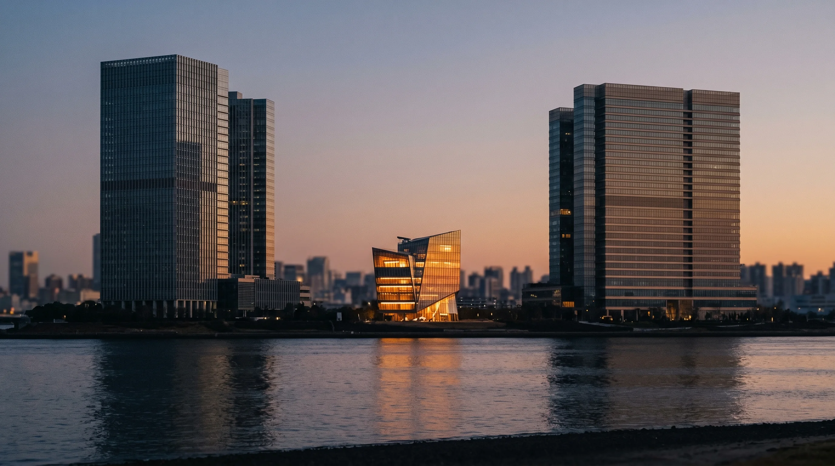 Digital illustration for article section "The Category Question" in "Firebase Founders Launch Agent OS with $20M, $5M ARR" - Generate an image of two large, modern buildings representing established markets, with a smaller, d...